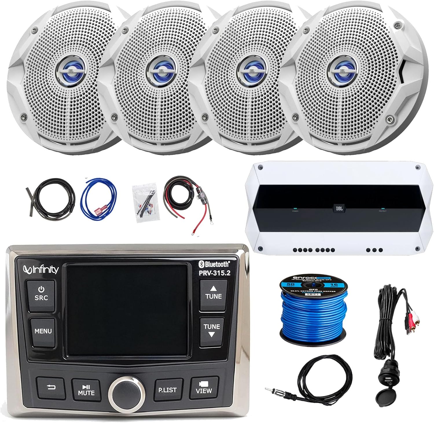 JBL Marine Gauge Style USB Bluetooth AM/FM Radio Digital Media Receiver, 4X 6.5 180W Peak Dual Cone Boat Stereo Speakers (White), 4-Channel Amplifier w/Kit, Speaker Wire, Antenna, USB/AUX Interface