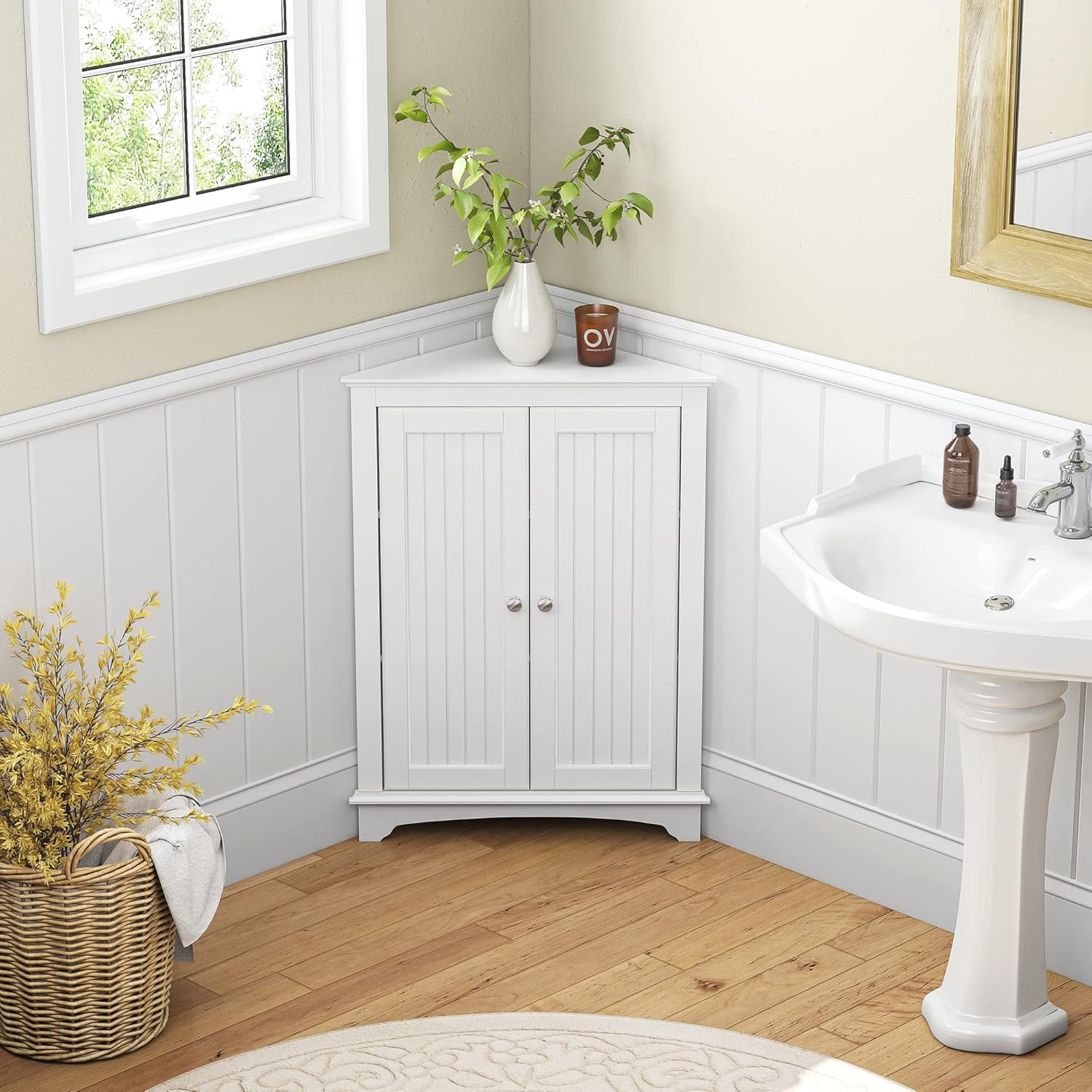 Spirich Floor Corner Cabinet with Two Doors and Shelves, Free-Standing Corner Storage Cabinets for Bathroom, Kitchen, Living Room, White
