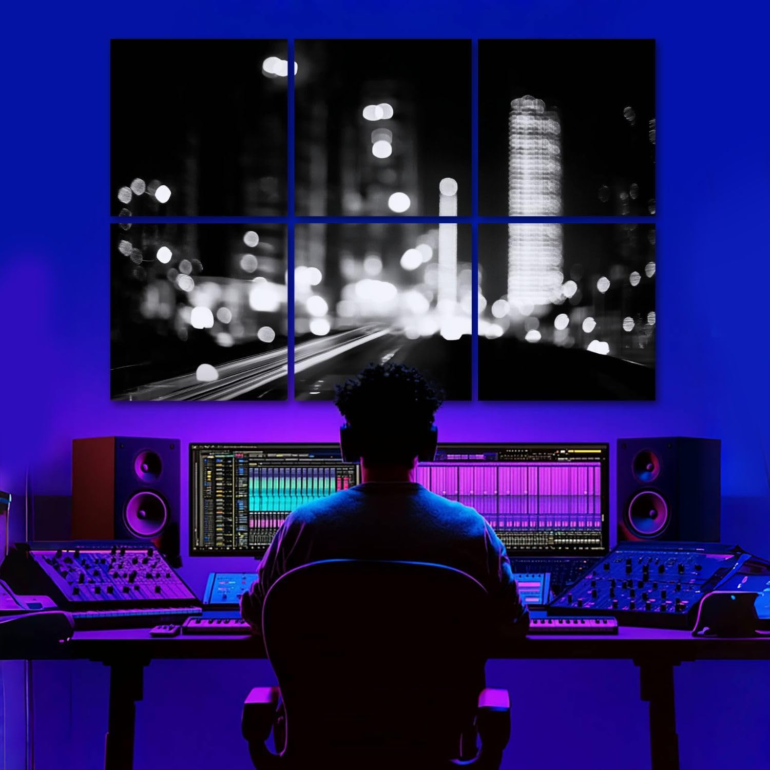 6 Pack Art Acoustic Panels black white abstract light city night Sound Absorbing Panel 48