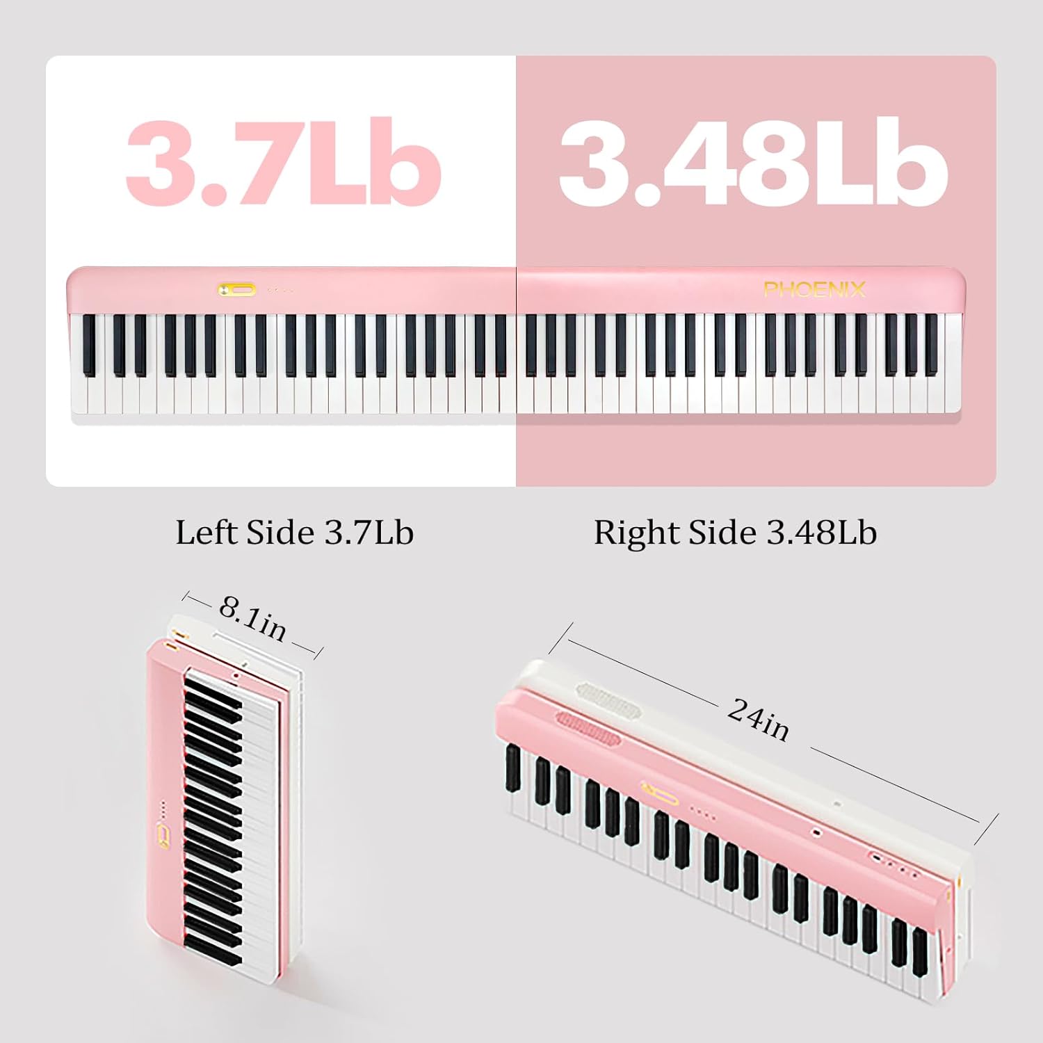 88 Key Piano Keyboard, Magnetic Suction Electric Digital Piano with Semi-Weighted Keys, Sustain Pedal, Power Supply, Gig Bags (Pink)
