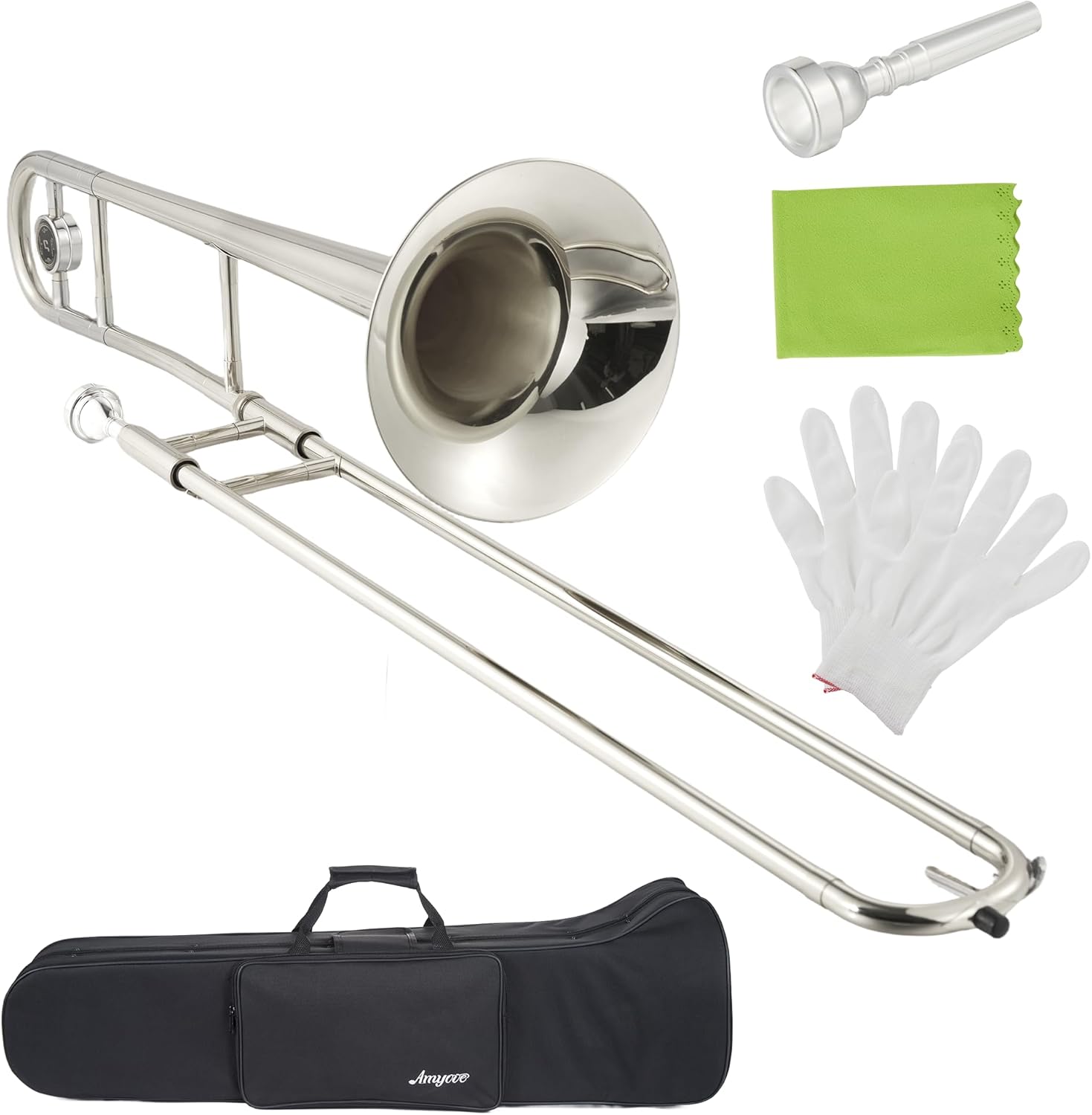 Senfot Alto Trombone Starter Kit, Bb Nickel-Plated Brass with Case, Mouthpiece, Gloves, Cloth; Accurate Tone and Penetraing Sound, School Band & Orchestra Essential Instrument