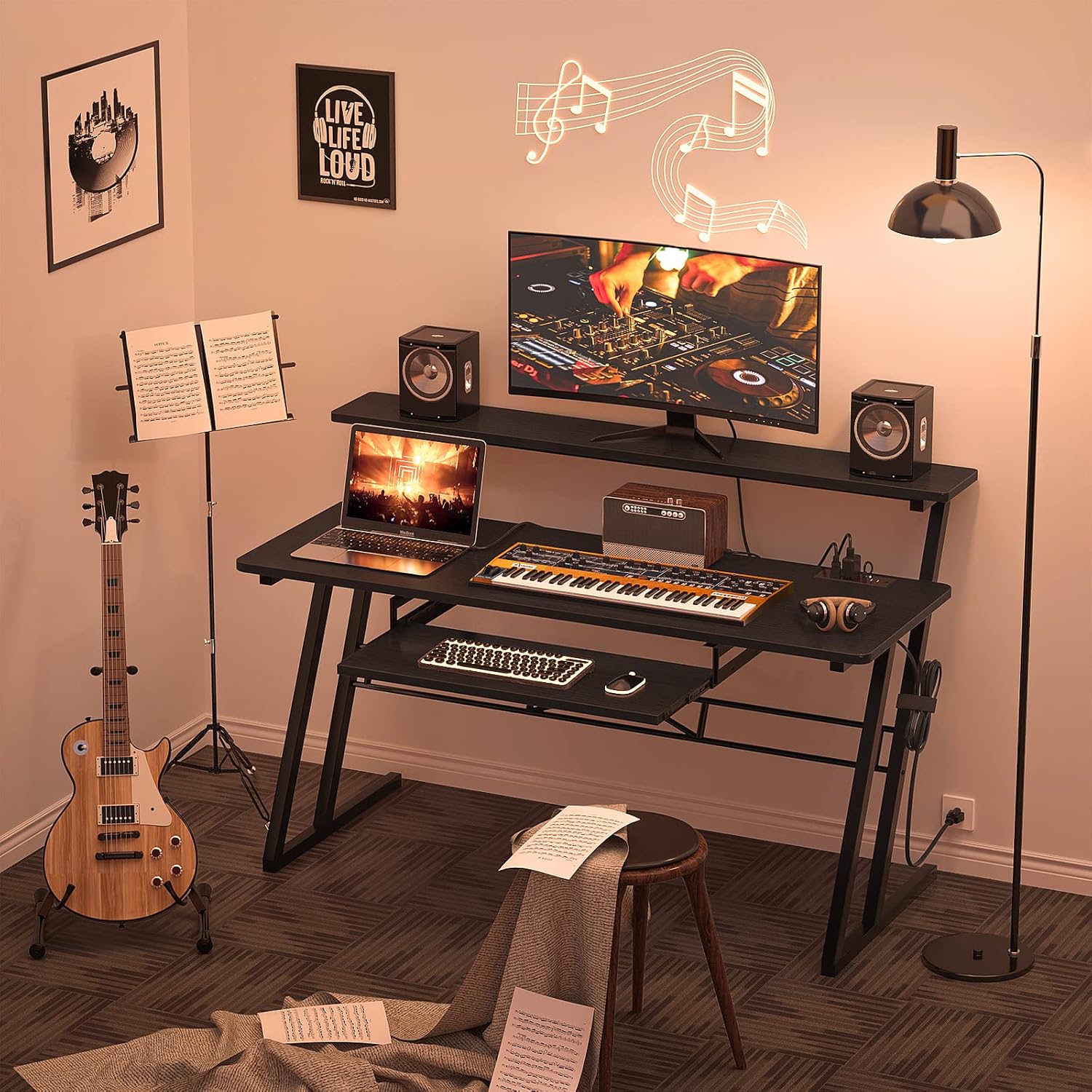 Armocity Music Studio Desk Production Workstation - Recording Studio Desk for Producer with Power Outlet, Studio Workstation for Music Recording, Home Studio Table Desk, Black