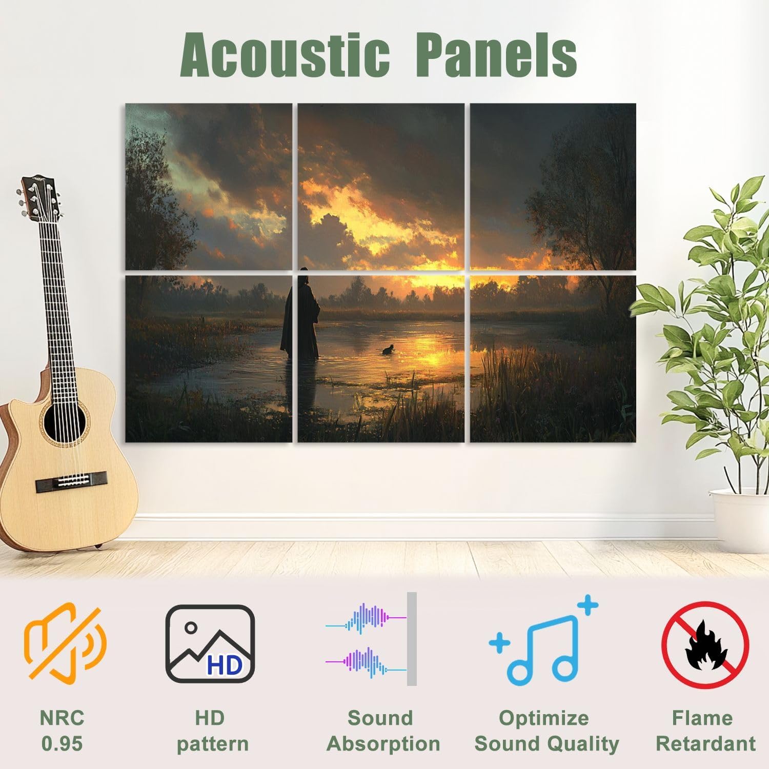 6 Pack Art Acoustic Panels Sound Absorbing Back Sunset Silhouette Water Reflection Trees Stormy Sky Realistic Decorative Soundproof Wall Panels Self Adhesive for Recording Studios Office 72