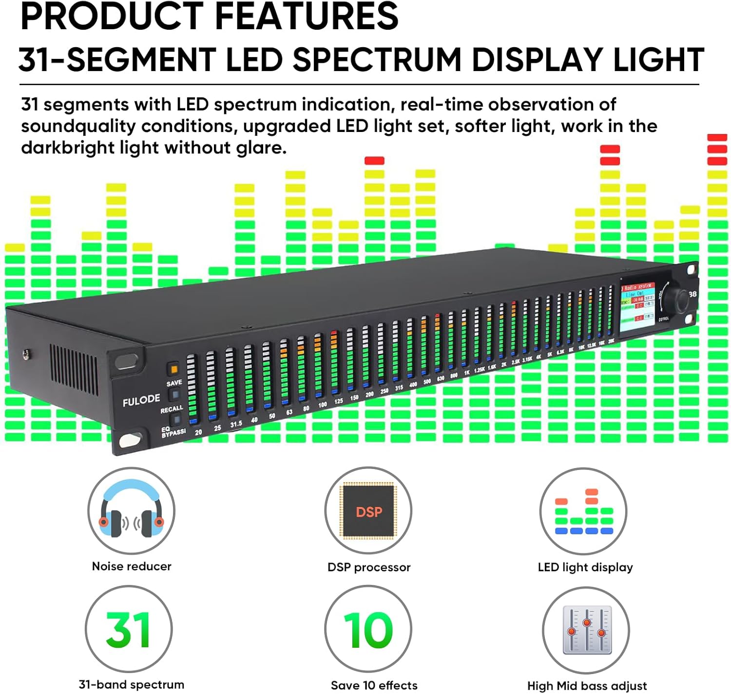 FX-888 Dual channel synchronized control 31-Band Digital equalizer Stereo Graphic EQ Noise Reduction Each segment with LED Spectrum Display Operation Content display large screen.