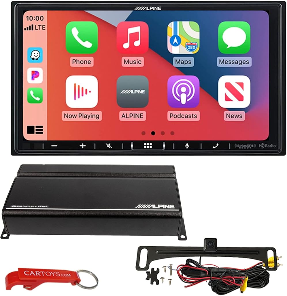 Alpine iLX-407 Car Stereo PowerStack Bundle w/KTA-450 Amplifier & Backup Camera. Apple CarPlay and Android Auto 2-DIN Shallow Mount Head Unit w/ 7 Inch Capacitive Touchscreen, SiriusXM Ready, No CD