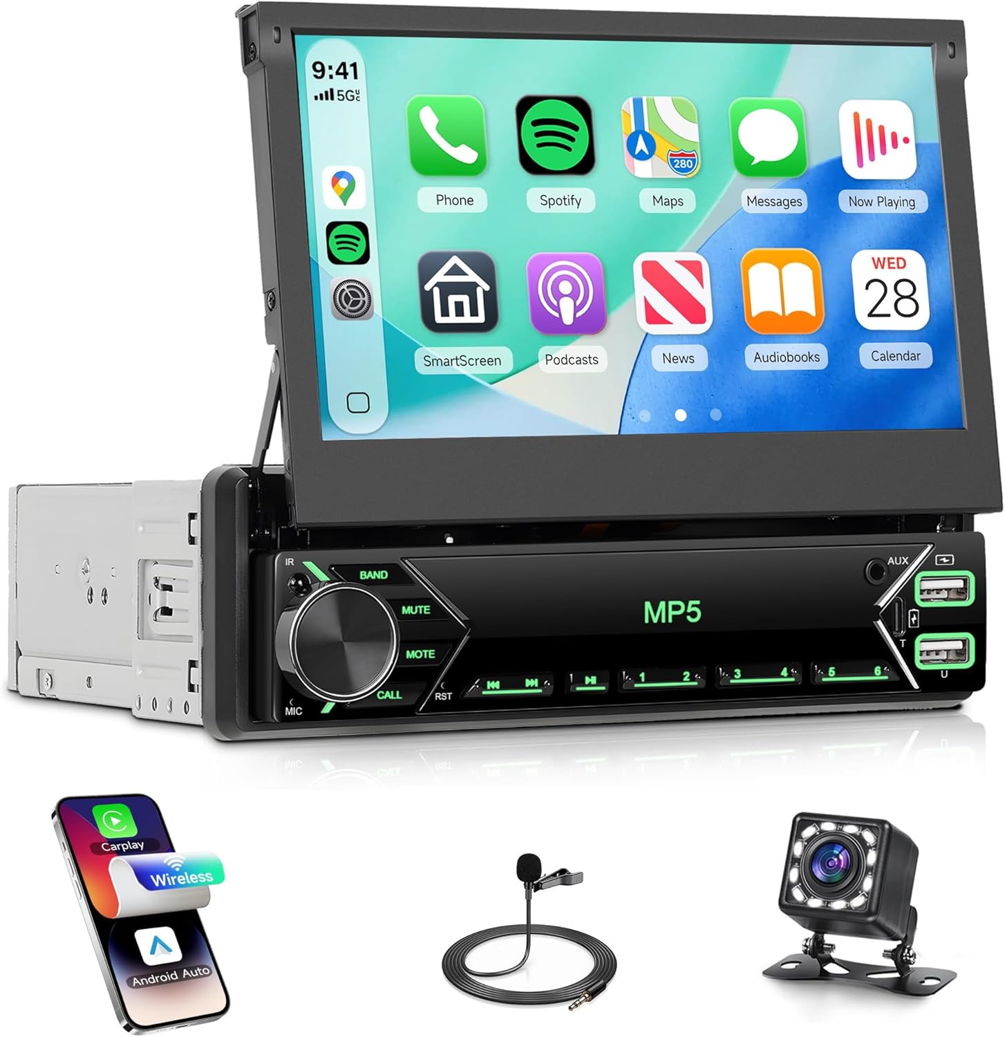 Rimoody Car Stereo Single Din Wireless Carplay Android auto, Flip Out Car Radio with Bluetooth 7 Inch Touch Screen, EQ, FM, Mirror Link, Type-C, USB-2 + Rear View Camera