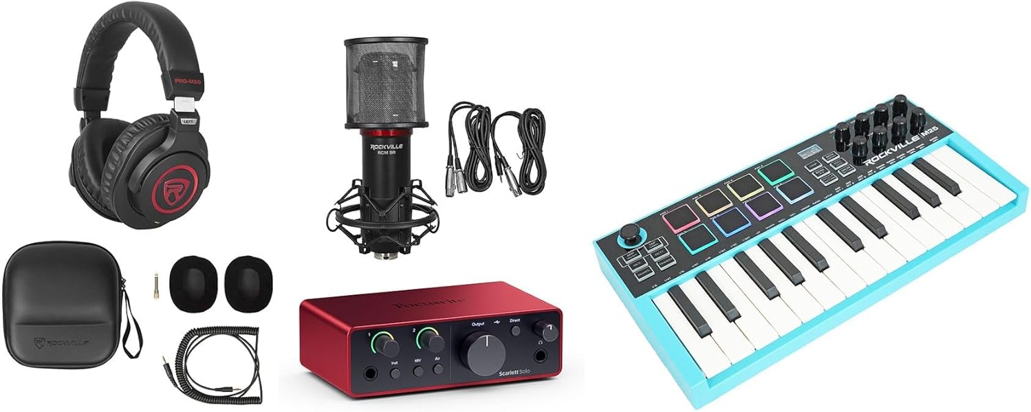 Audiosavings Bundle: Focusrite Scarlett Solo 4th Gen Studio Recording USB Audio Interface Bundle with Rockville PRO-M50 SR Headphone+M25 25 Key USB MIDI Keyboard Controller+RCM SR Microphone (4 Items)