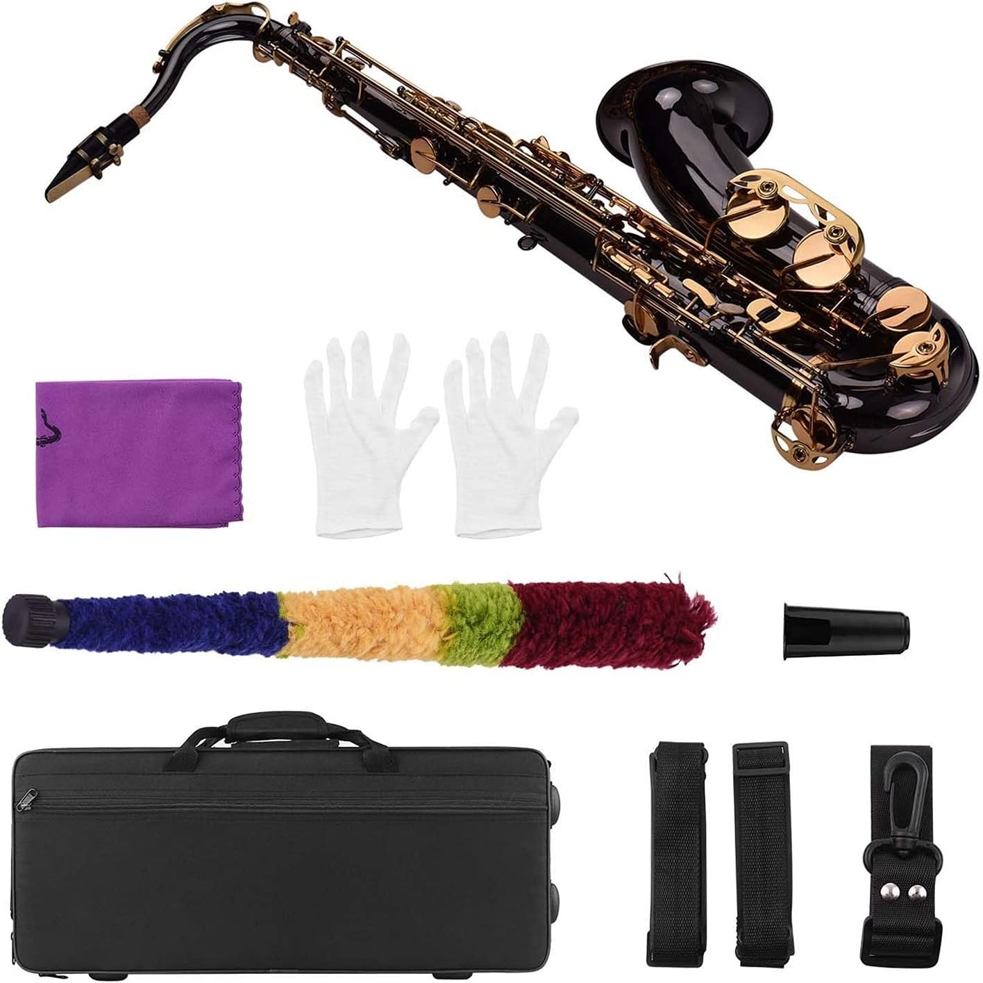 Saxophone Set Saxophones Student Bb Tenor Saxophone Sax Brass Body Black Nickle Plated Golden Keys Woodwind Instrument with Case Brush Sax Neck Straps