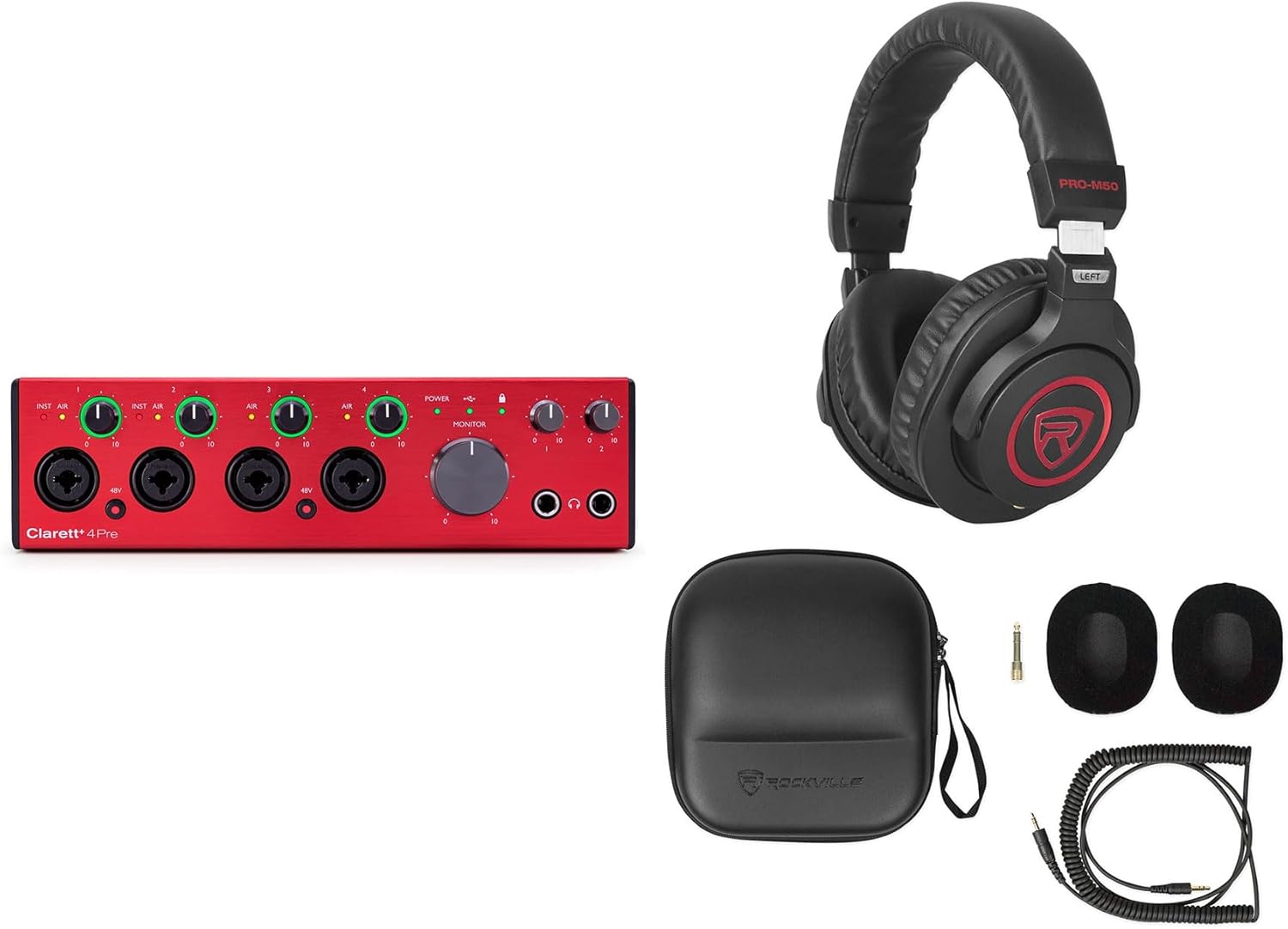 Audiosavings Bundle: Focusrite Clarett+ 4Pre USB-C Audio Recording Interface, 4 Mic Preamps/JFET/ADAT Bundle with Rockville PRO-M50 SR Studio Headphones+Detachable Coil Cable+Case+Ear Pad (2 Items)