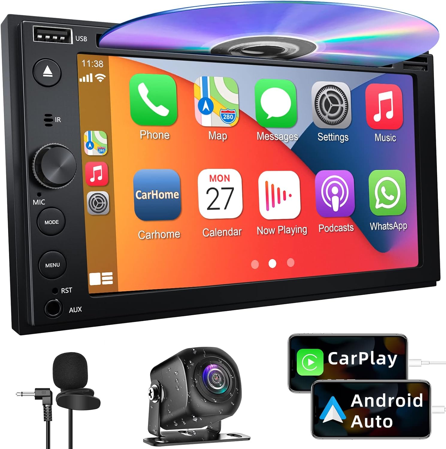 Double Din Car Stereo with CD/DVD Player Apple Carplay & Android Auto, 6.2Inch Car Radio with Bluetooth and Backup Camera, Touch Screen, Mirror Link, Steering Wheel Control, USB/TF/AUX Input, AM/FM