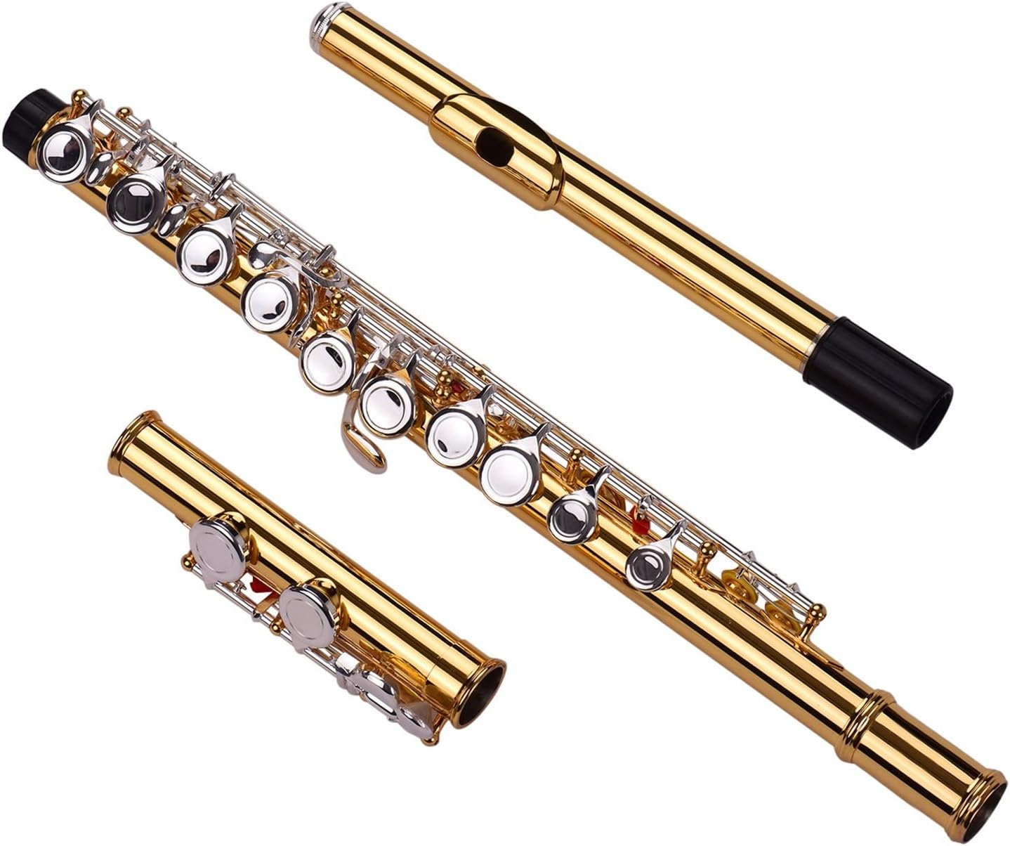 Flute Kit Professional Closed Hole C Flute Cupronickel Gold- Plated Tube 16 Silver- Plated Keys Wind Instrument with Carry Case Intermediate Flute