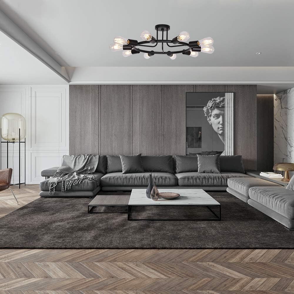 BONLICHT Vintage Metal Large Sputnik Chandeliers 10-Light Flush Mount Light Fixtures Ceiling Black Indoor Industrial Chandelier Lighting Mid Century Modern Starburst-Style Lighting Fixture UL Listed