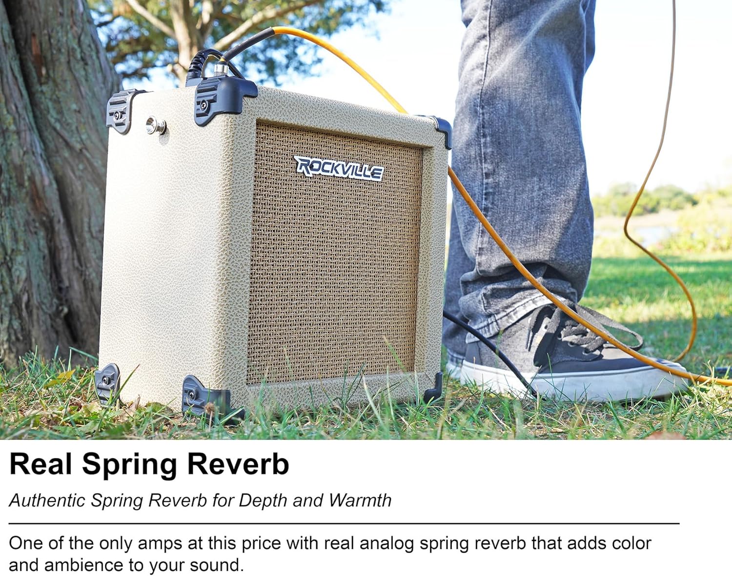 Rockville G-CHARGE 20 Beige 20W Battery-Powered Guitar Amplifier, 6.5” Speaker, Spring Reverb, Bluetooth, Mic Input, Kickback Stand, Rechargeable Amp, For Street Performances, Home Jams & Outdoor Play