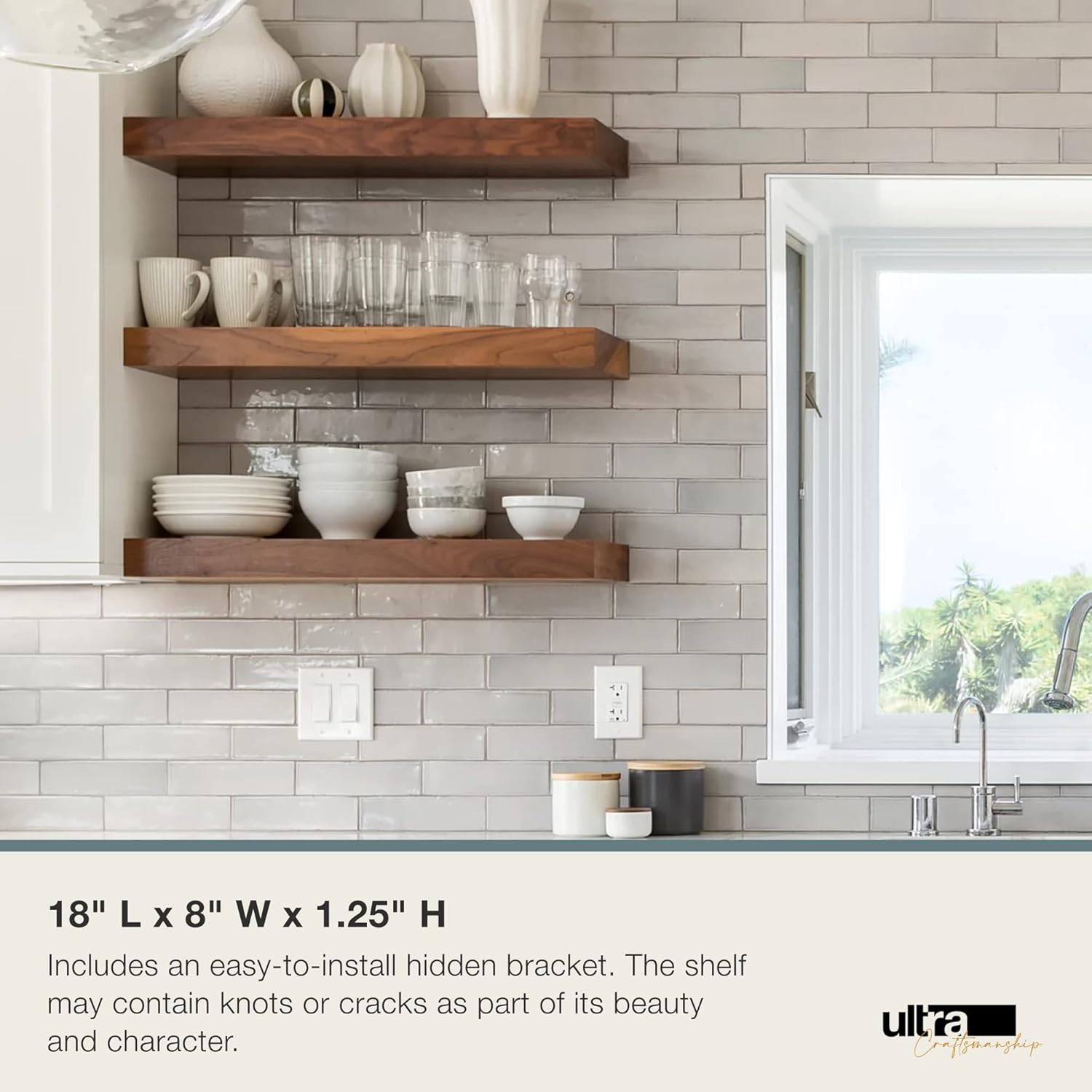 UltraShelf Solid Wood Floating Shelf for Wall Decor, Walnut, 18