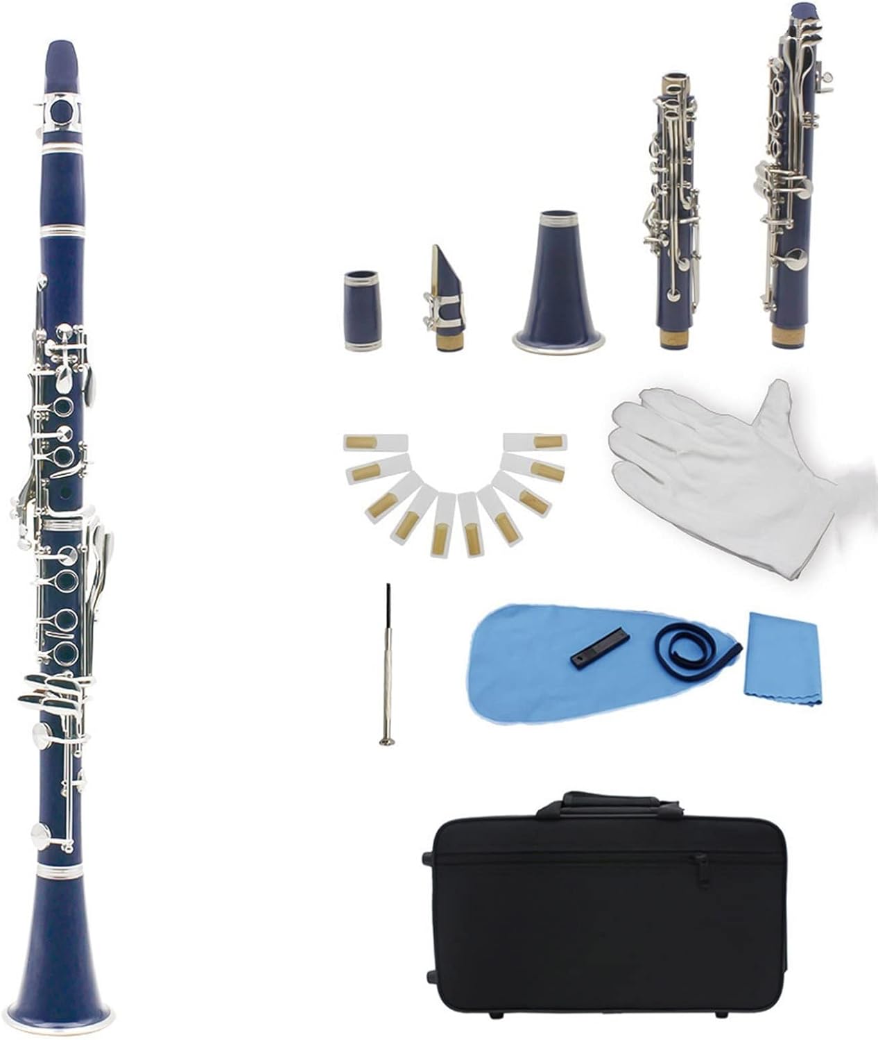 KESHUO Clarinet ABS 17 Key BB Flat Saxophone Binocular Clarinet with Cleaning Cloth Gloves 10 Reeds Screwdriver Case Woodwind Instrument Student Standard Clarinet Set (Color : Deep Blue)