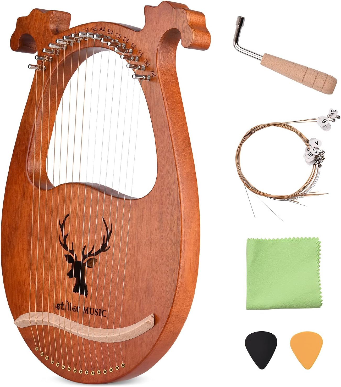 Lyre Harp, 16 String Lyre Harp Elk Pattern Solid Wood String Instrument Harp Harps with Tuning Hammer Strings Cleaning Cloth Picks for Beginners