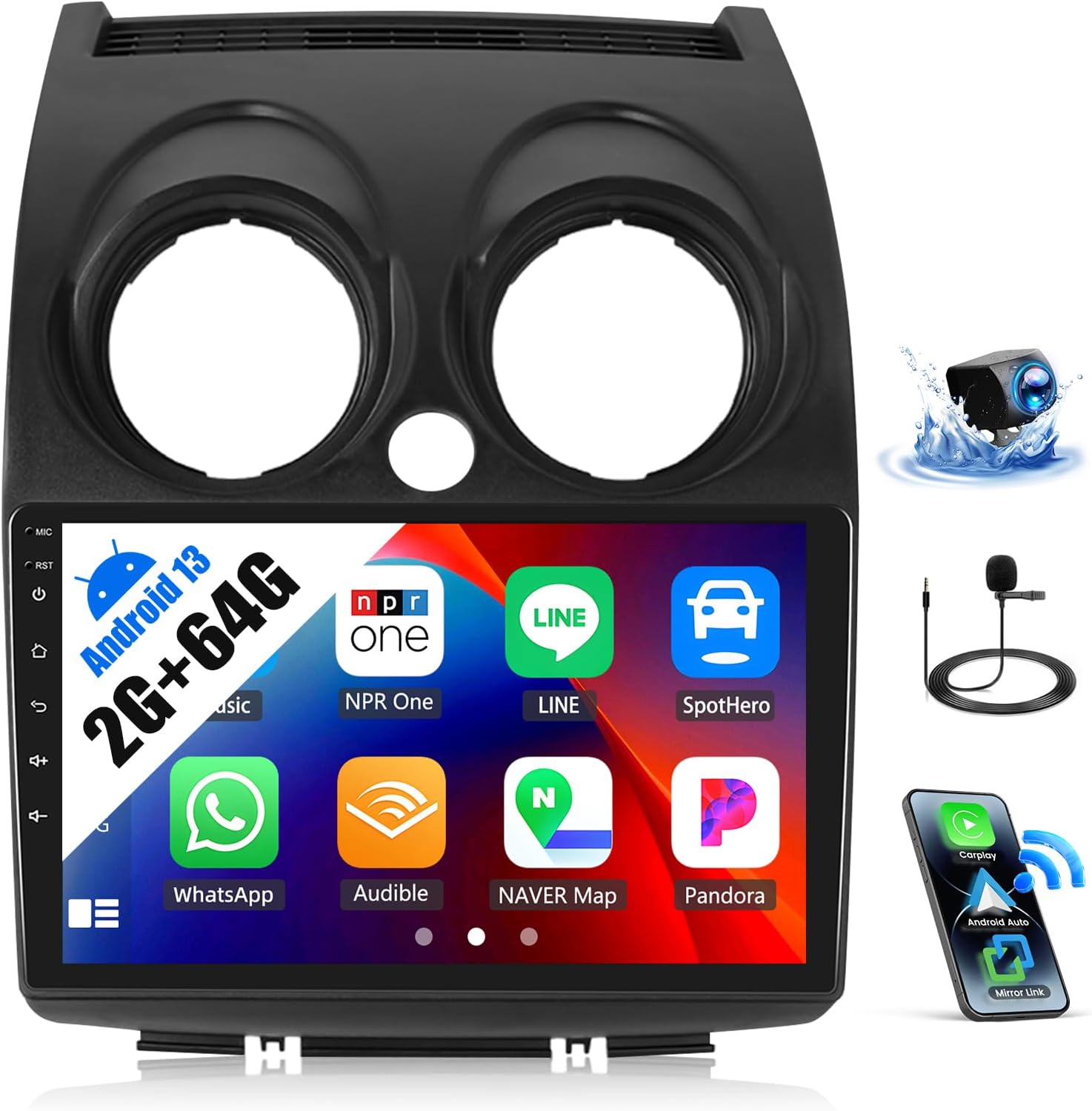 2G+64G Android Car Stereo for Nissan Rogue 2007-2015 with Wireless Carplay Android Auto Mirror Link 9 inch Touchscreen with GPS Navigation WiFi 26UI Bluetooth FM Backup Camera MIC