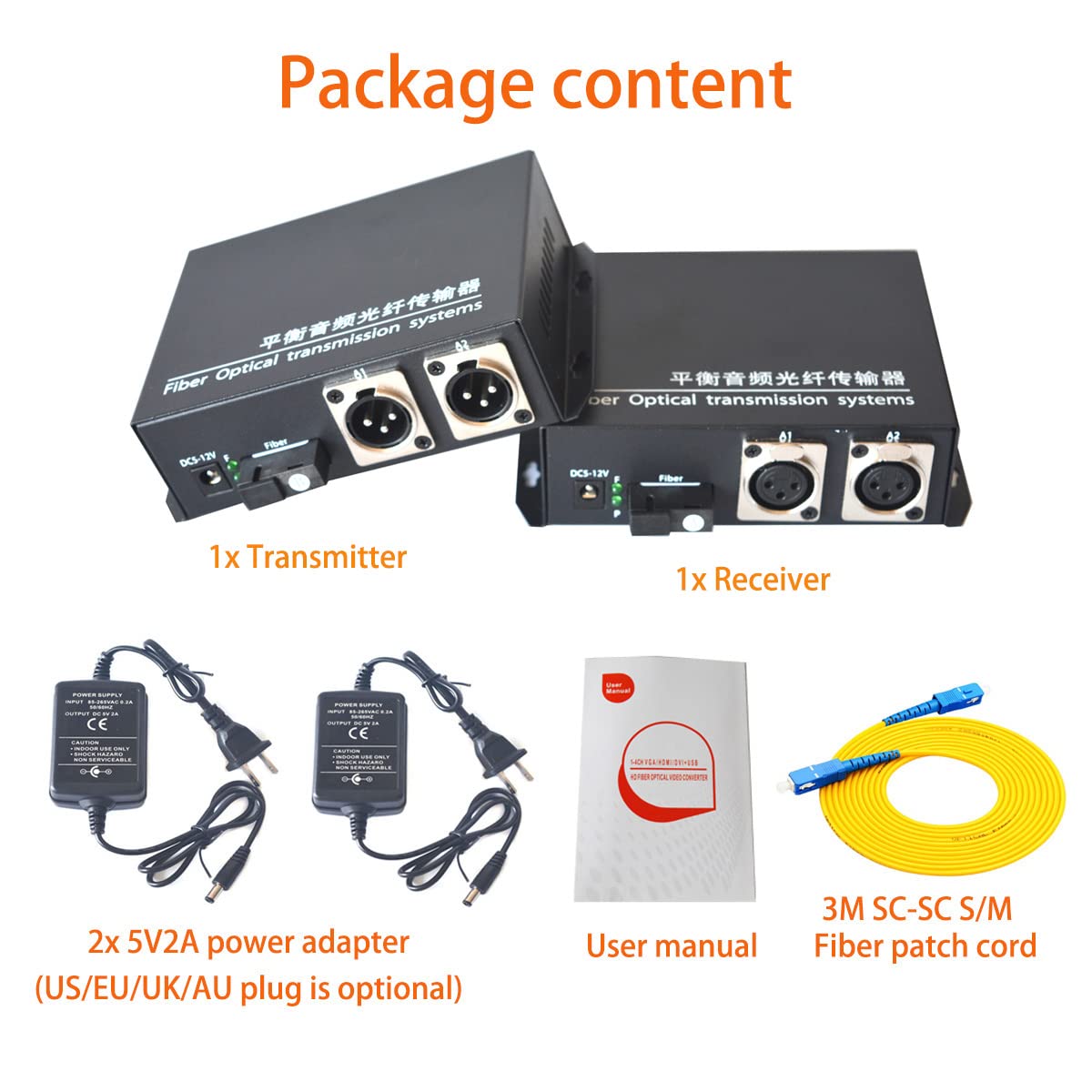 2 x XLR 3PIN Balanced Audio Over Fiber Optic Extenders | Optical SC, Single Mode 20Km(12.4mi) and Multimode 500m (0.31Mi) | Broadcast Quality | 1 TX and 1 RX Kit