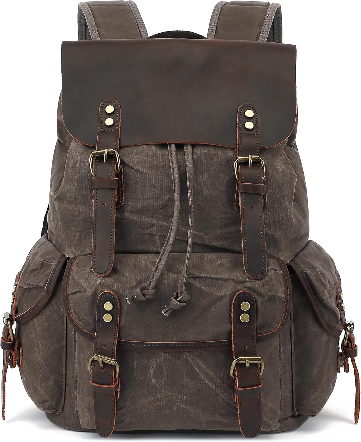 HuaChen Vintage Waxed Canvas Backpack with Genuine Leather Flap, Travel & Work Rucksack, Water-Resistant Daypack with Anti-Theft Pocket, OVERSIZE - M80 Grey XL