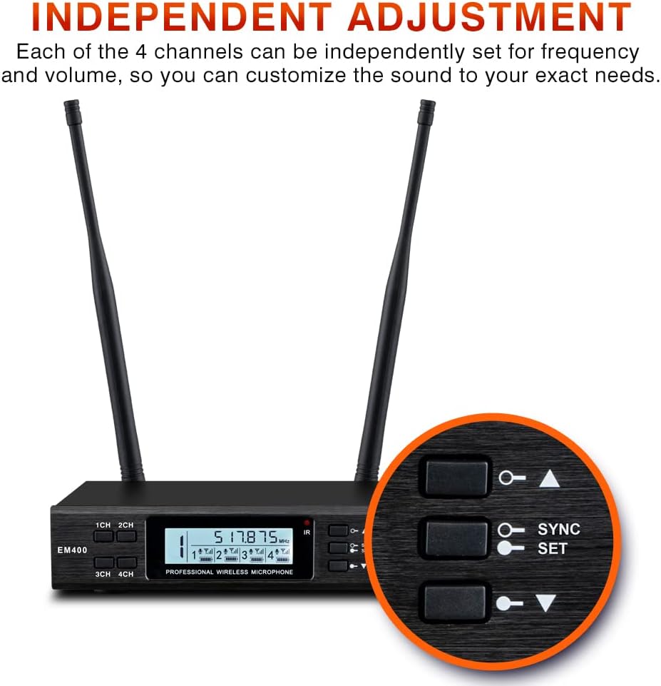 4 Channel UHF Wireless Microphone Cordless Handheld Microphones Professional for Singing Karaoke Church 4x100 Adjustable Frequency(328FT)