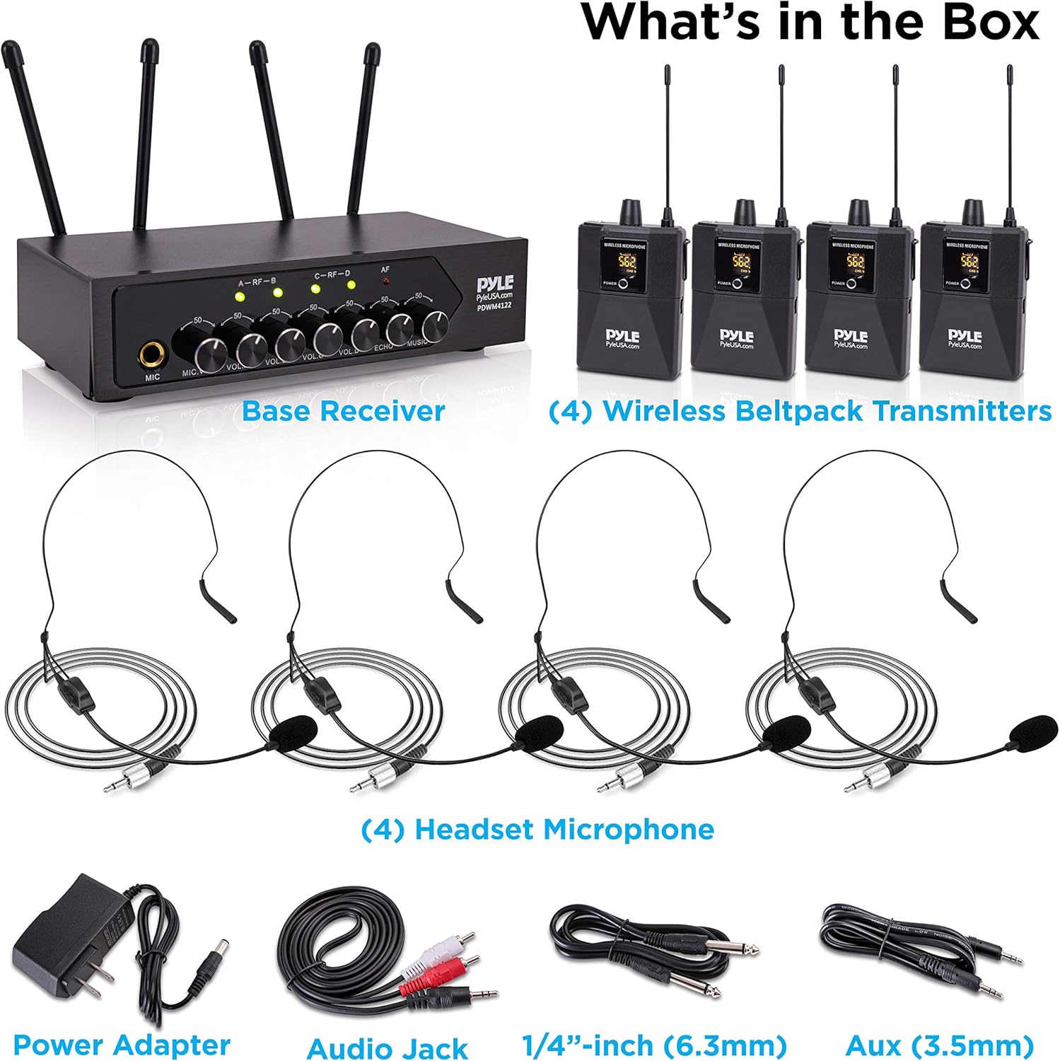 Pyle Portable UHF Wireless Microphone System - Battery Operated Four Bluetooth Cordless Microphone Set with 50 Channels Selectable Frequency, Receiver Base, AUX, for PA Karaoke DJ Party -PDWM4122