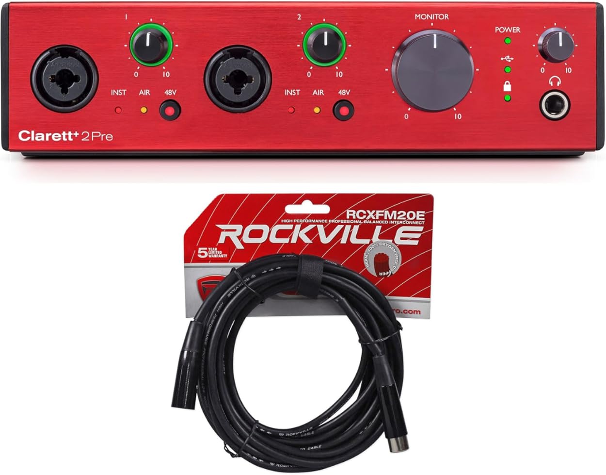 Audiosavings bundle: (1) Focusrite Clarett+ 2Pre USB-C Audio Recording Interface, 2 Mic Preamps/JFET/ADAT Bundle With (1) Rockville RCXFM20E-B 20 Foot Female to Male XLR Mic Cable (2 items)