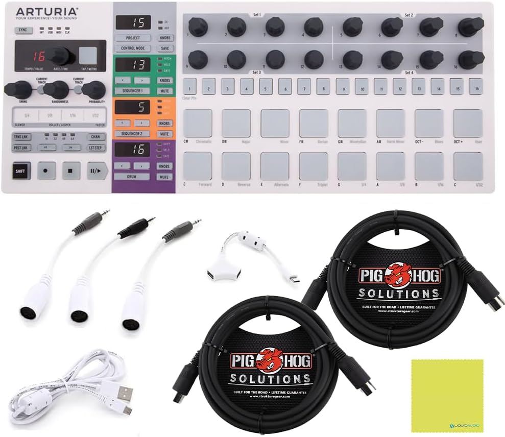 Arturia BeatStep Pro - The Ultimate Sequencing Powerhouse Bundle w/ 2-Pack Pig Hog PMID10 MIDI Cable & Liquid Audio Polishing Cloth