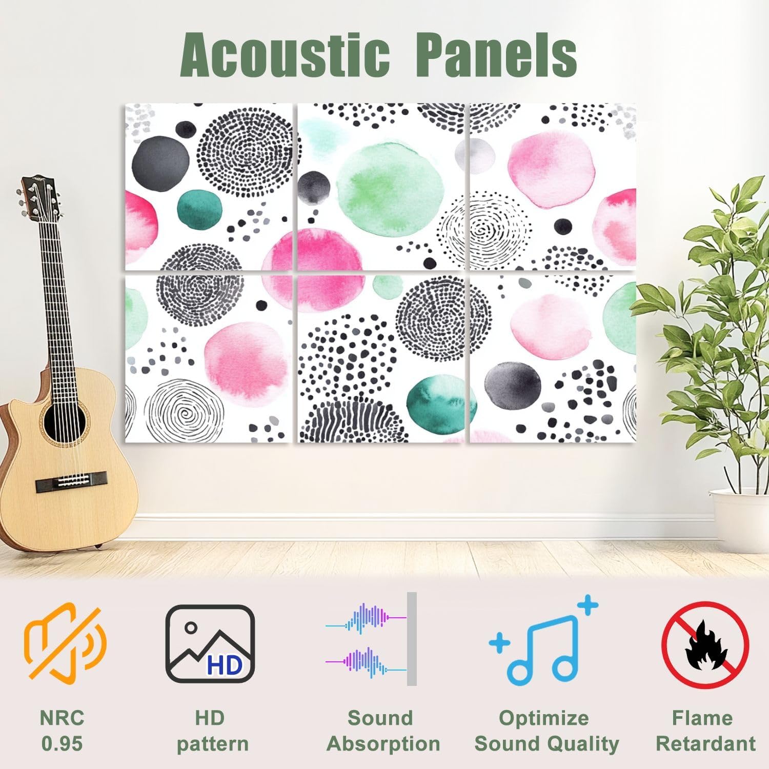 6 Pack Art Acoustic Panels Sound Absorbing Boho Circles Geometric Pink Art Abstract Watercolor Black White Dots Decorative Soundproof Wall Panels Self Adhesive for Recording Studios Office 72