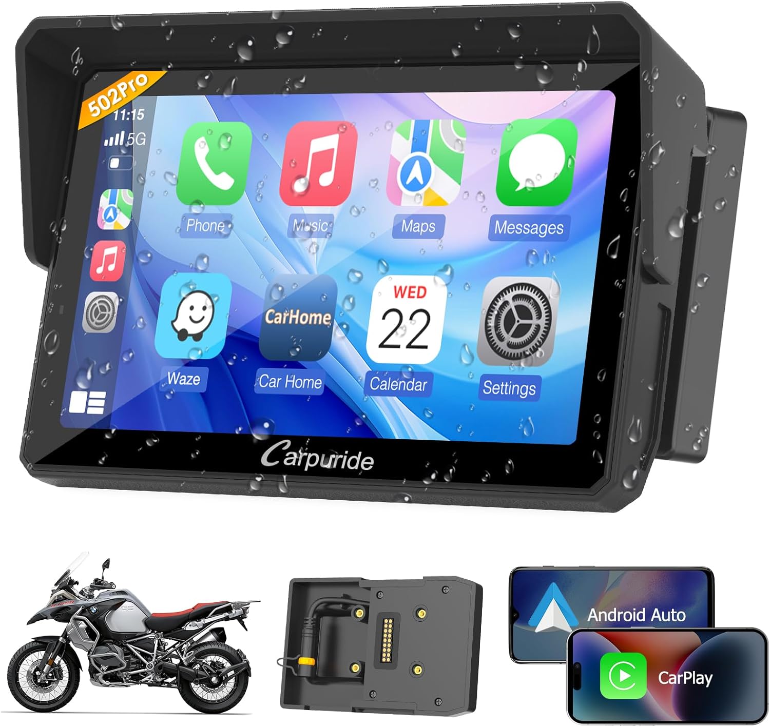 Carpuride W502B Pro for B.M W Motorcycle CarPlay & Android Auto & Dual Bluetooth, 5