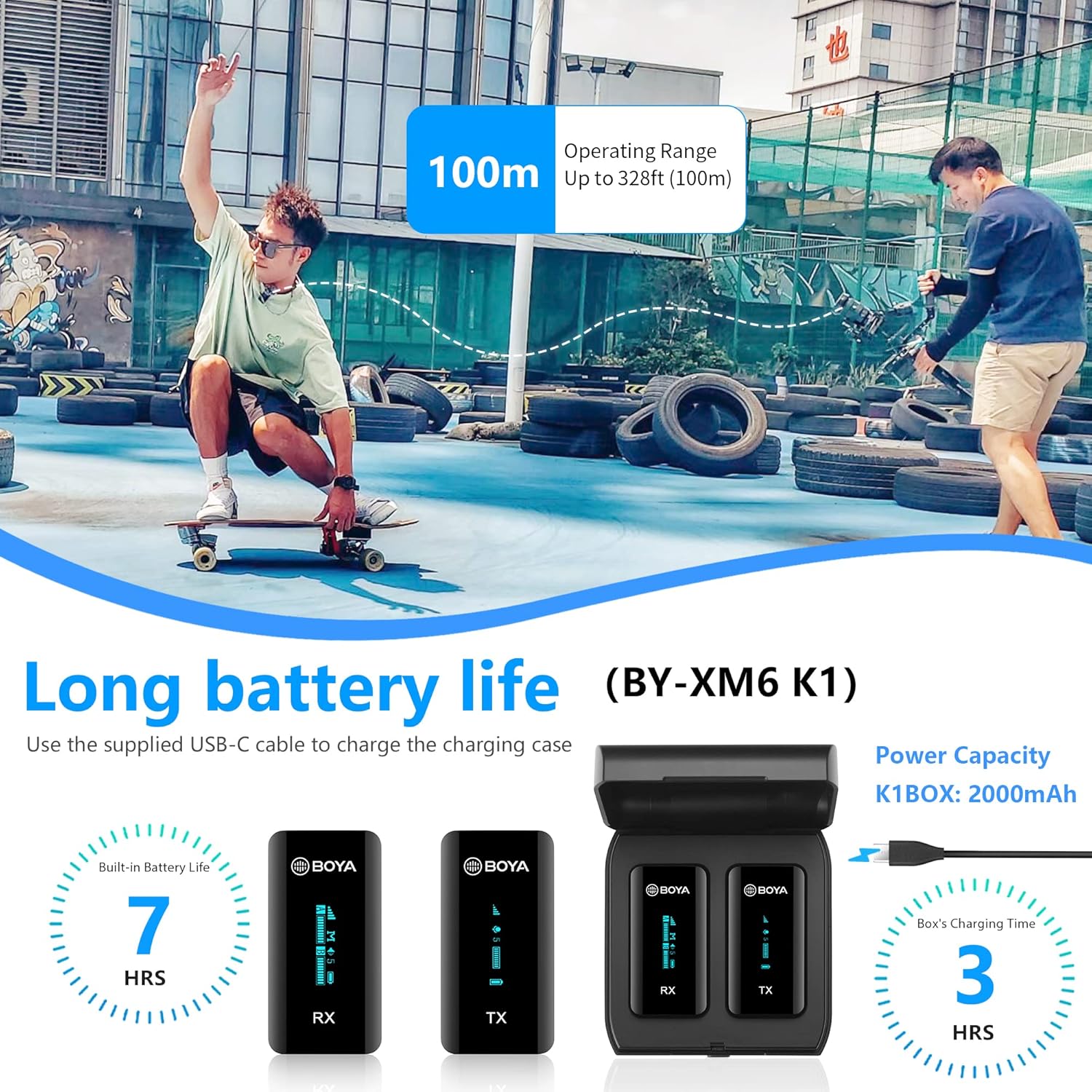 BOYA Wireless Lavalier Microphone, by-XM6 K1 2.4G Compact Professional Lapel Mic with Rechargeable Charging Case for iPhone/iPad/Android/Camera-7HR Battery, 328' Range,LED Display