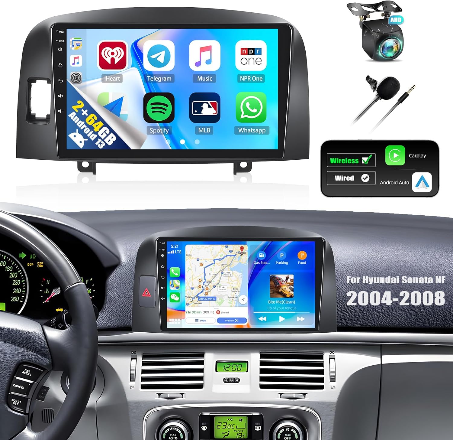 Camecho 2G+64G for Hyundai Sonata NF 2004-2008, Android 13 Car Stereo with Carplay Android Auto,9