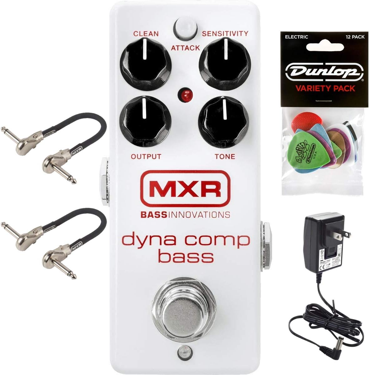 MXR M282 Bass Dyna Comp Mini Effects Pedal Bundle with 2 MXR Patch Cables and Dunlop Pick Pack