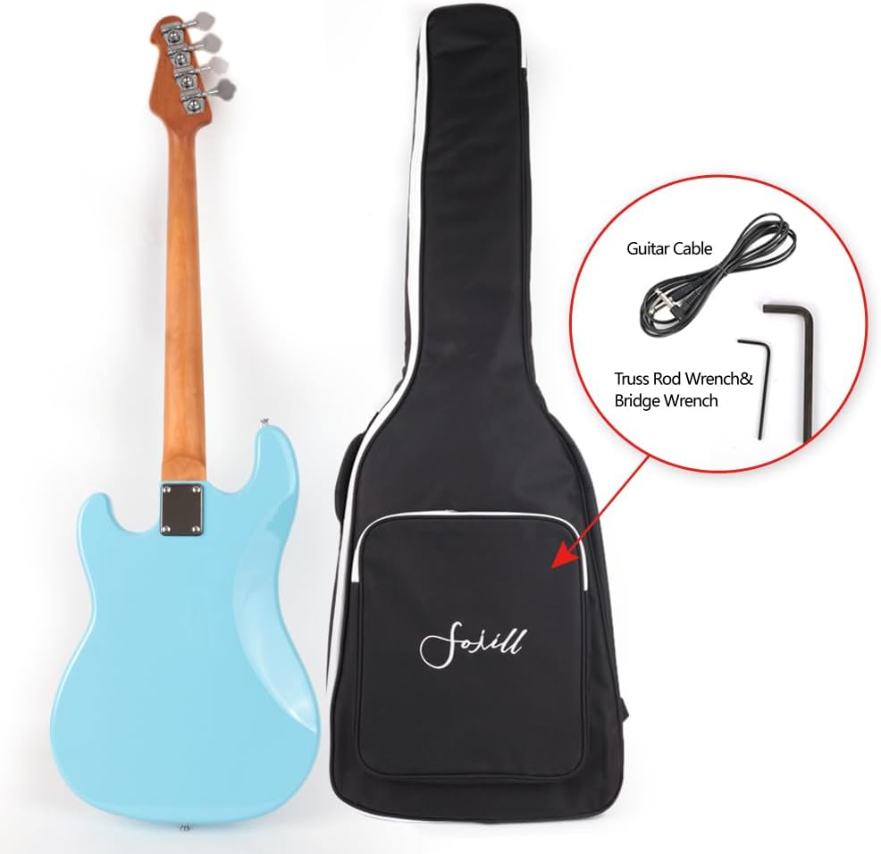 Fojill Full Size Standard Electric Bass Guitar Four 4 String Right Hand Handed Basswood Body Roasted Canadian Maple Neck Genuine Rosewood Fretboard Fingerboard with Gig Bag (Blue)