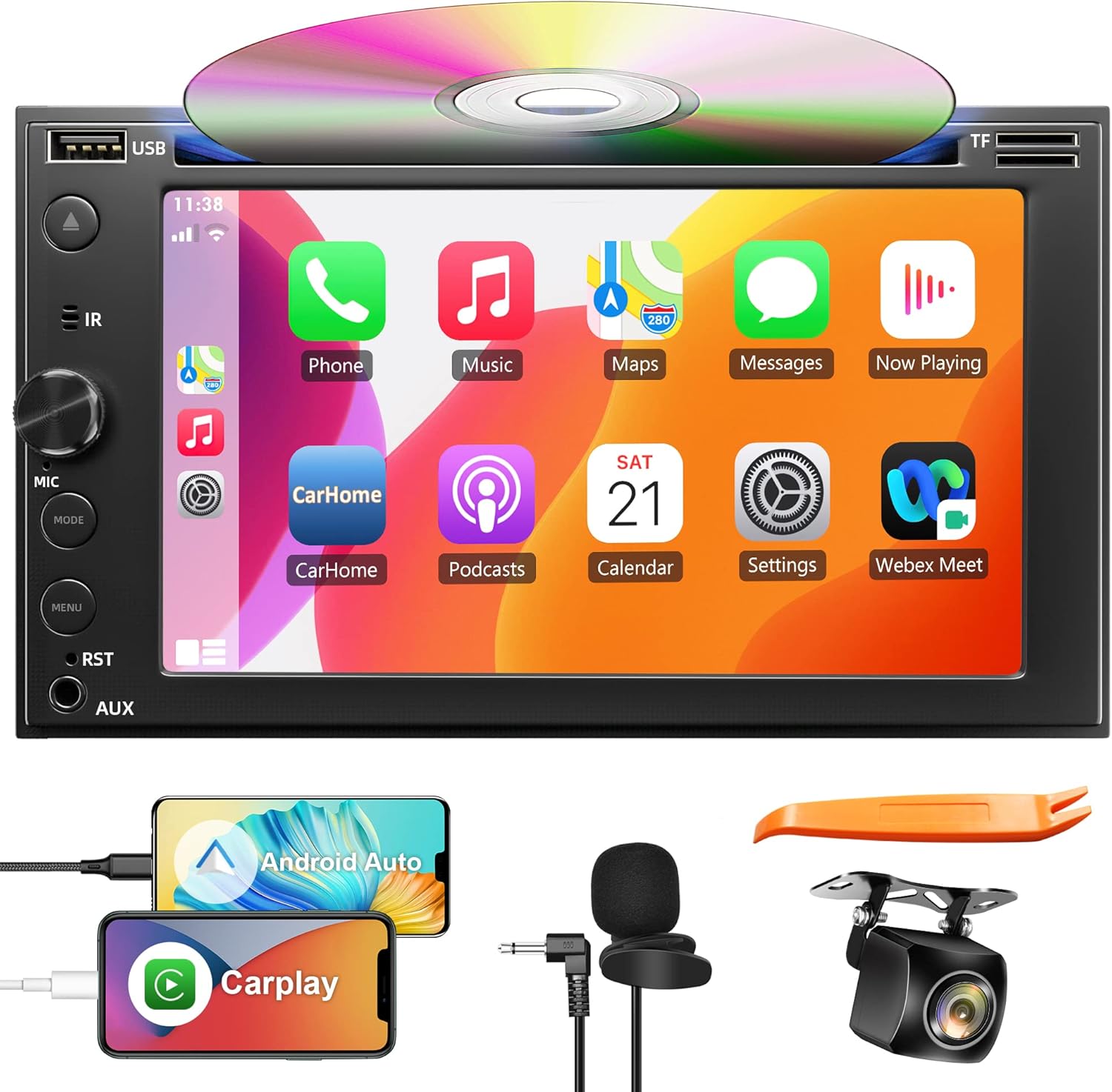 Double Din Car Stereo with CD/DVD Player Apple Carplay & Android Auto, 7 Inch Car Radio with Bluetooth and Backup Camera, Touch Screen, Mirror Link, Steering Wheel Control