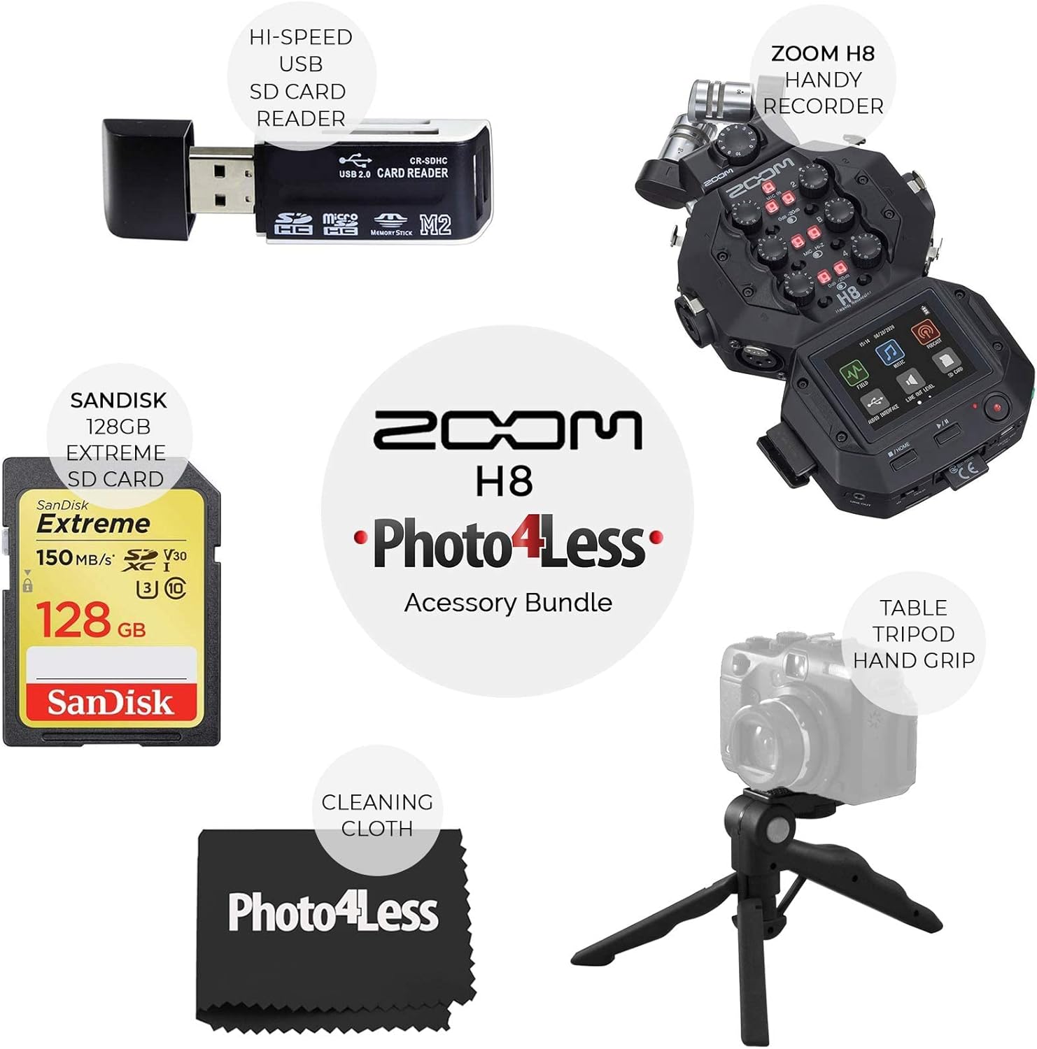 Zoom H8 8-Input / 12-Track Portable Handy Recorder for Podcasting, Music, Field Recording + 128GB Memory Card + SD Card Reader + Table Tripod Hand Grip – Top Value Accessory Bundle