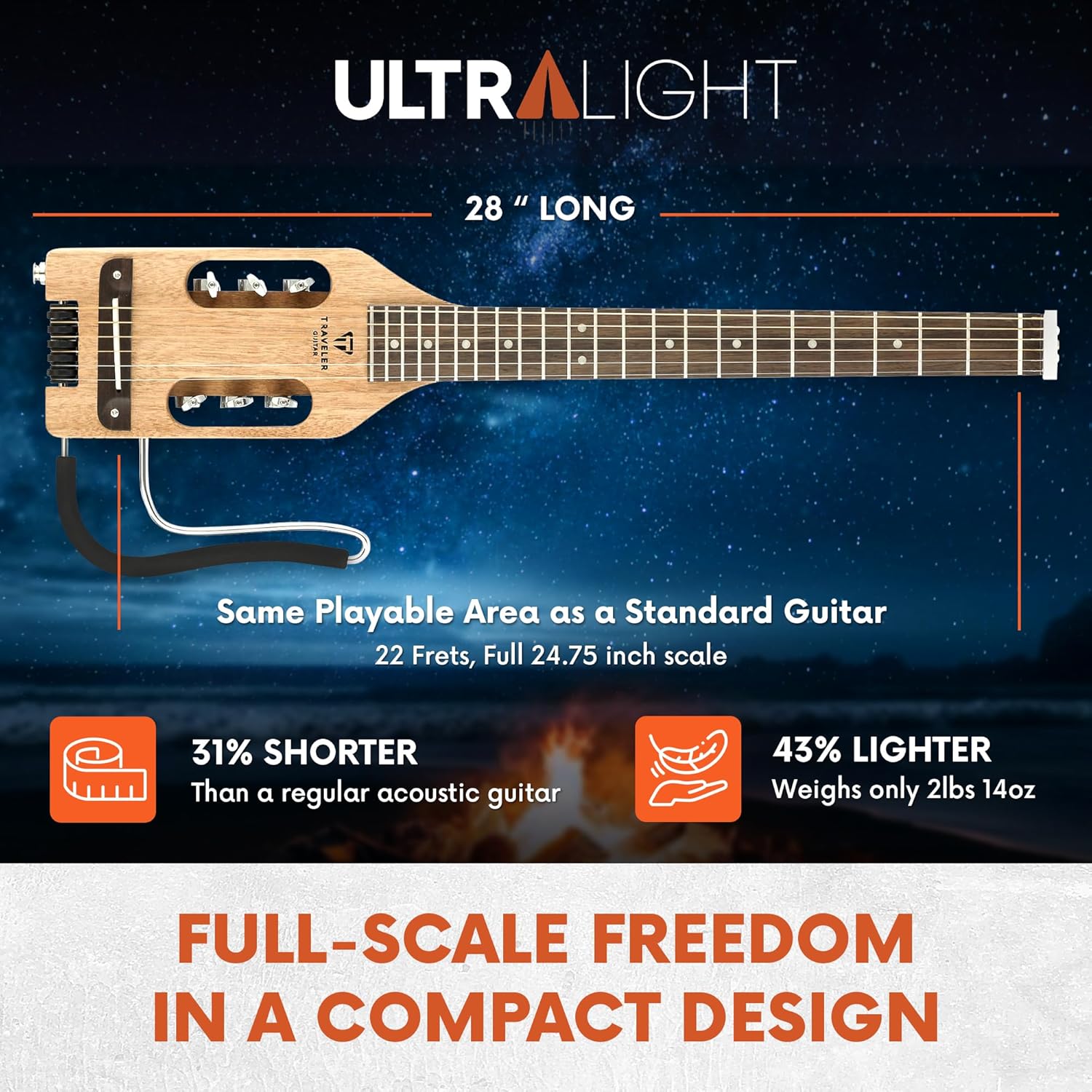 Traveler Guitar Ultra-Light Acoustic Guitar | Portable Acoustic-Electric Guitar | Full 24 3/4