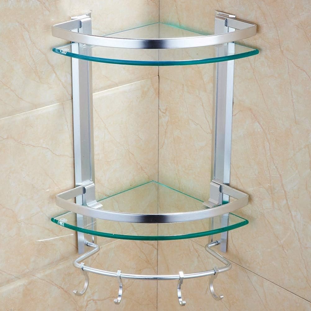 Shower Organiser Transparent Space Aluminum Tempered Glass Wall-Mounted 2 Tiers Hook Up Fan-Shaped Structure Dressing Table (Color : Clear, Size : 250x250x440mm)