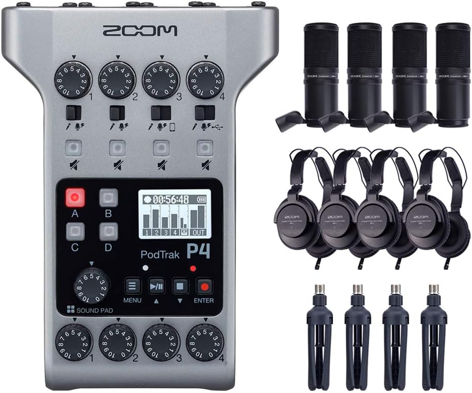 Zoom PodTrak P4 Portable Multitrack Podcast Recorder Bundle with 4X Zoom ZDM-1 Podcast Pack