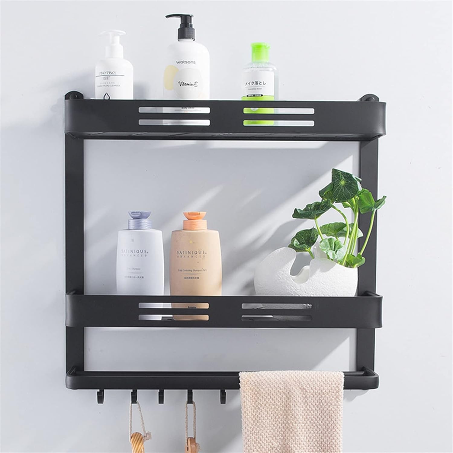 Shower Caddy Bathroom Shelf Wall Mount Black Aluminum Bathroom Shelf Shower Caddy Bath Rack with Bar and Hook for Towel Shampoo Shelves Storage Kitchen Shower Organizer ( Color : 1 Layer and Bar )