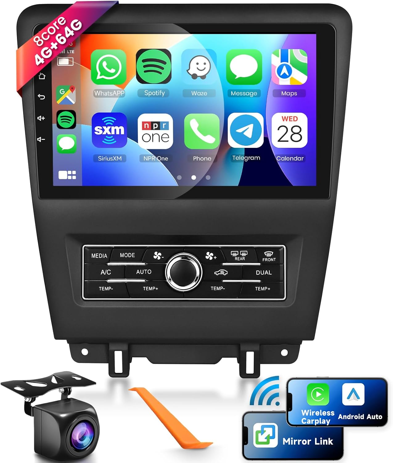 8 CORE 4G+64G Car Radio Stereo for Ford Mustang 2010-2014 with Wireless CarPlay/Android Auto, 10.1 Inch 1280 * 720P IPS Touch Screen Android 13 GPS WiFi Bluetooth 32-Band DSP HD Backup Camera