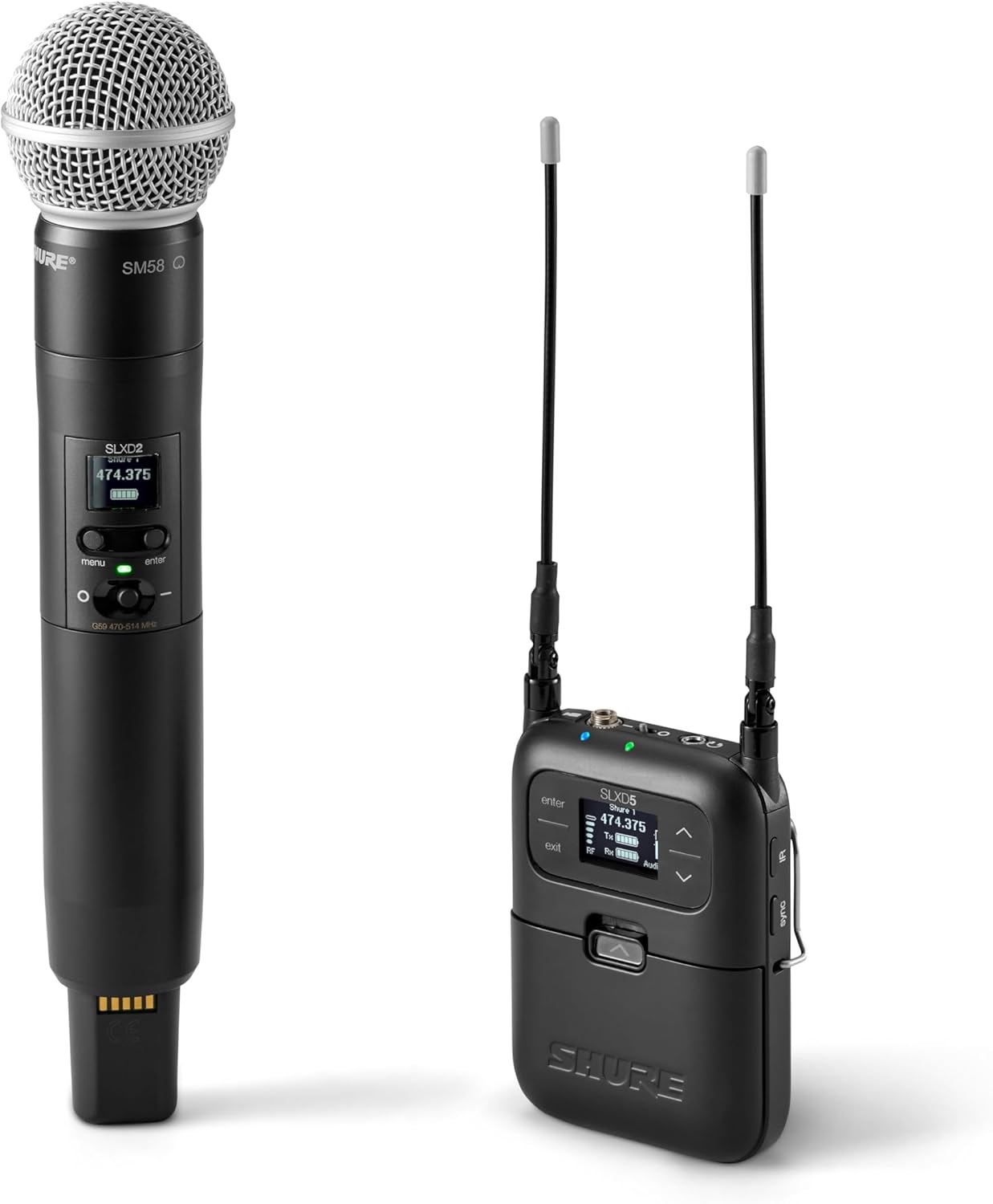 Shure SLXD25/SM58 Portable Digital Wireless System with SLXD2 Handheld Transmitter with SM58 legendary Cardioid Dynamic Vocal Microphone and SLXD5 Single-Channel Receiver | H55 Band (SLXD25/SM58-H55)
