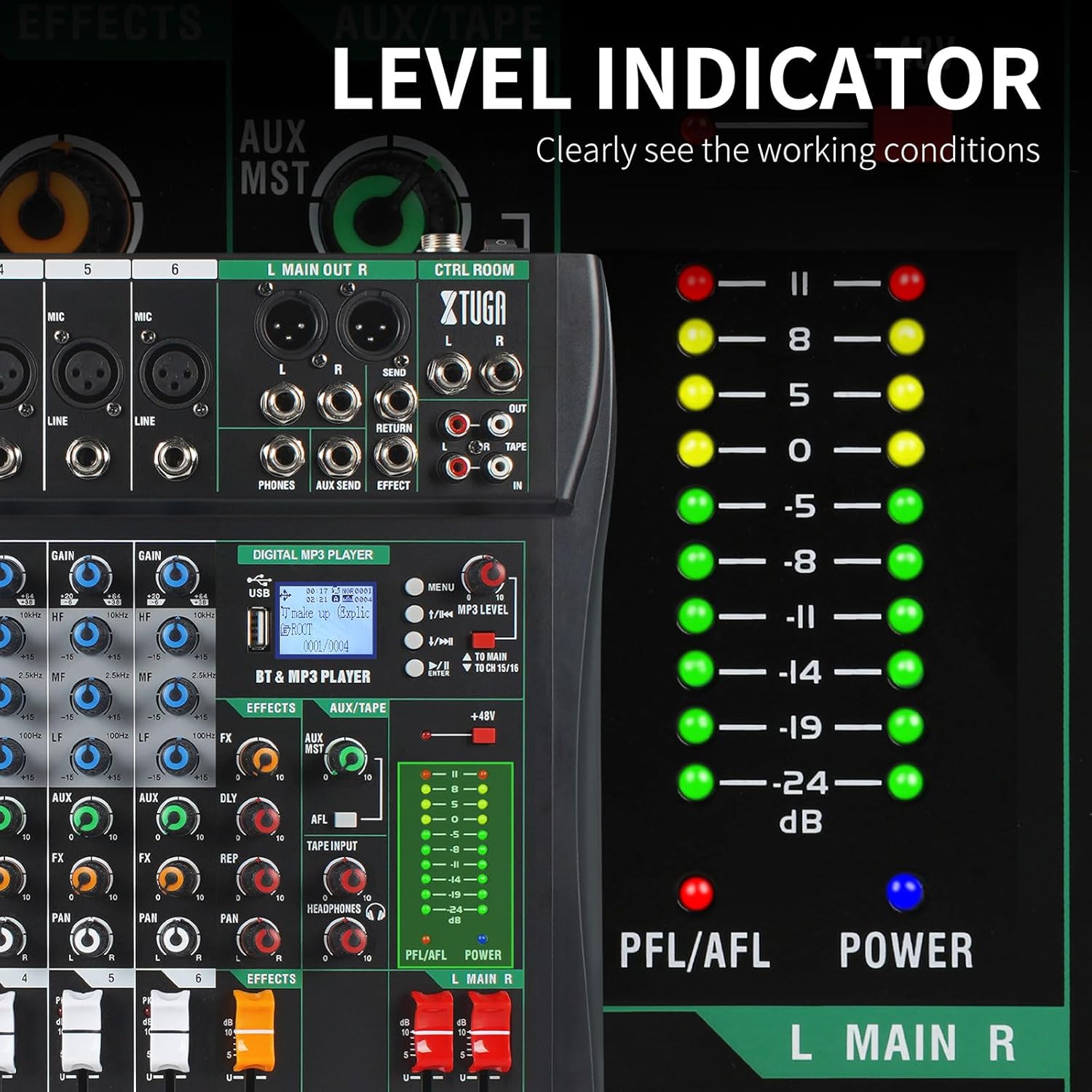 XTUGA Audio Mixer 6 Channel Sound Mixer Board, Audio Interface, Mixing Console for DJ Podcast Studio Karaoke Live Recording Equipment with 48V Phantom Digital Effect(CT60)