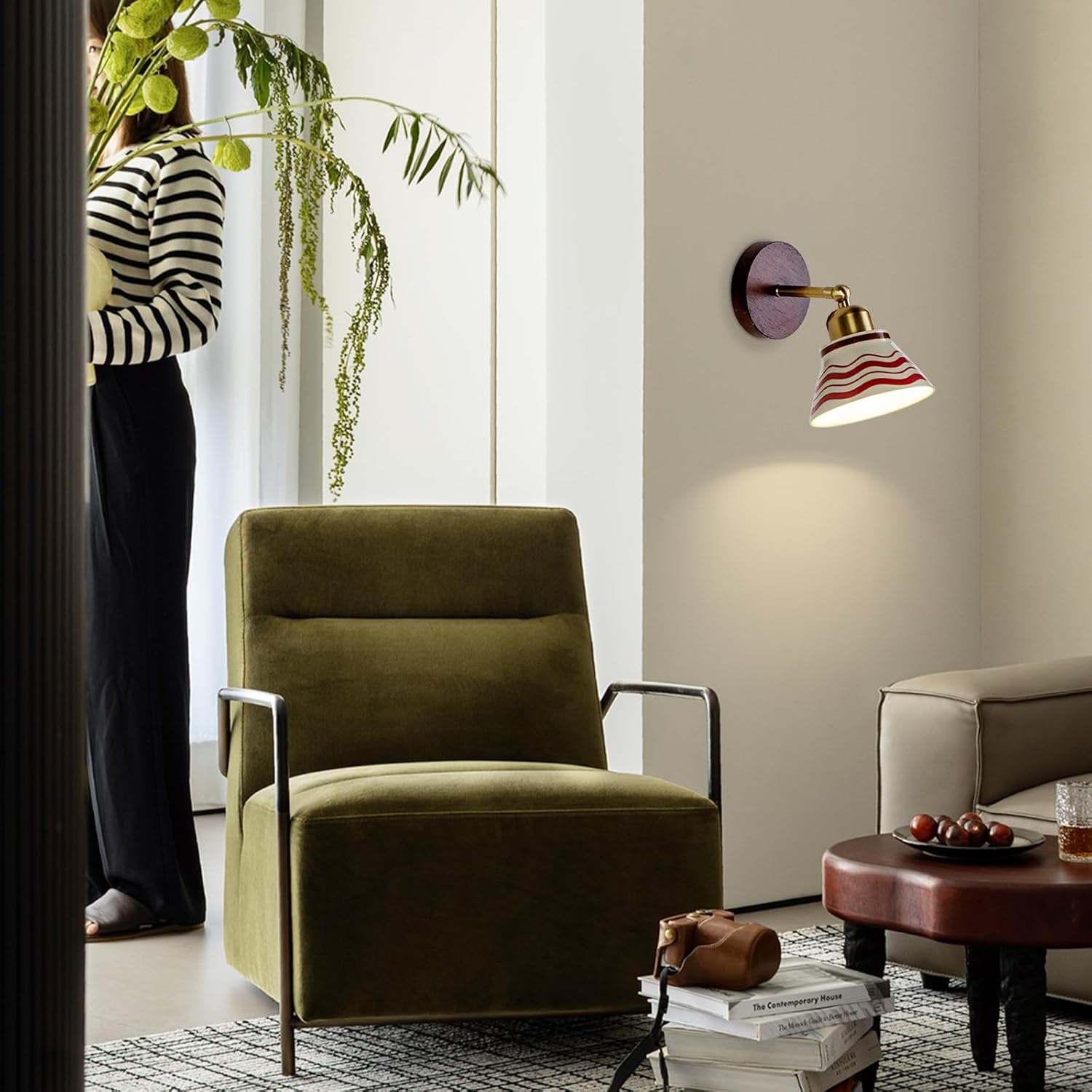 Vintage Ceramic Wall Sconce Lighting, Modern Bathroom Vanity Light Fixtures with Wood Base, Brushed Gold Wall Mount Lamp, Hardwired Farmhouse Wall Lights for Bedroom Bedside Hallway