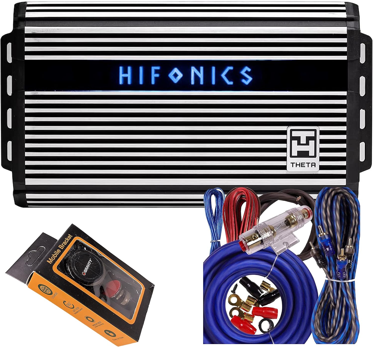 Hifonics ZTH-1225.1D Zeus Theta Compact Mono Channel Car Audio Amplifier (Silver) – Class D Amp, 1200-Watt Bass Remote Included with Gravity Phone Holde and 4 Gauge Amp Kit Blue Bundle