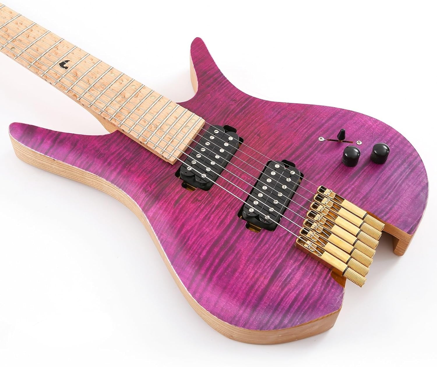 Headless Electric Guitar 7 String Fanned Stainless Steel Fret Headless Electric Travel Guitar Ash Wood with Flame Maple Veneer