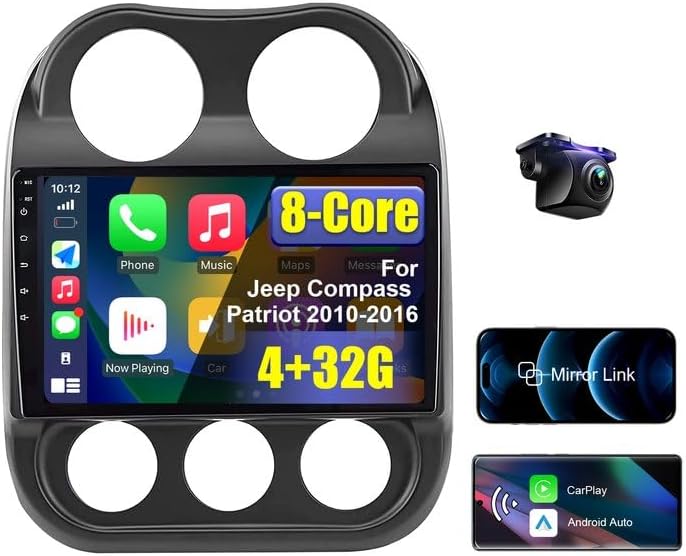 8 Core 4+32G Android Car Stereo for Jeep Compass Patriot 2010 2011 2012 2013 2014 2015 2016 with Wireless CarPlay/Android Auto, 10.1'' HD Touchscreen Car Radio with AM/FM/RDS/SWC Backup Camera WiFi