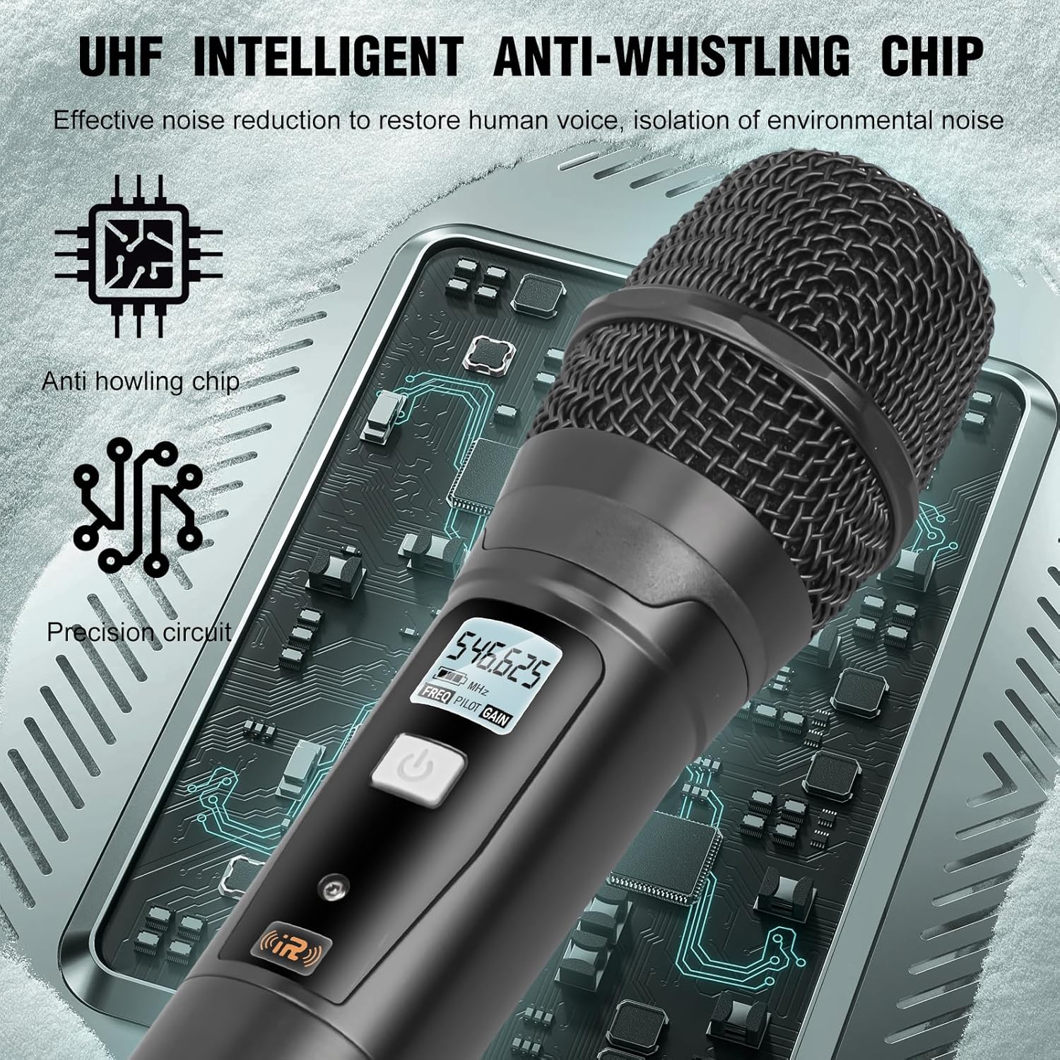 Wireless Microphone System, 4 Channel UHF System with Handheld Microphone, Dual Cordless Karaoke Microfono Set, 300FT Wireless Range, Suitable for Performances, Conferences, Wedding