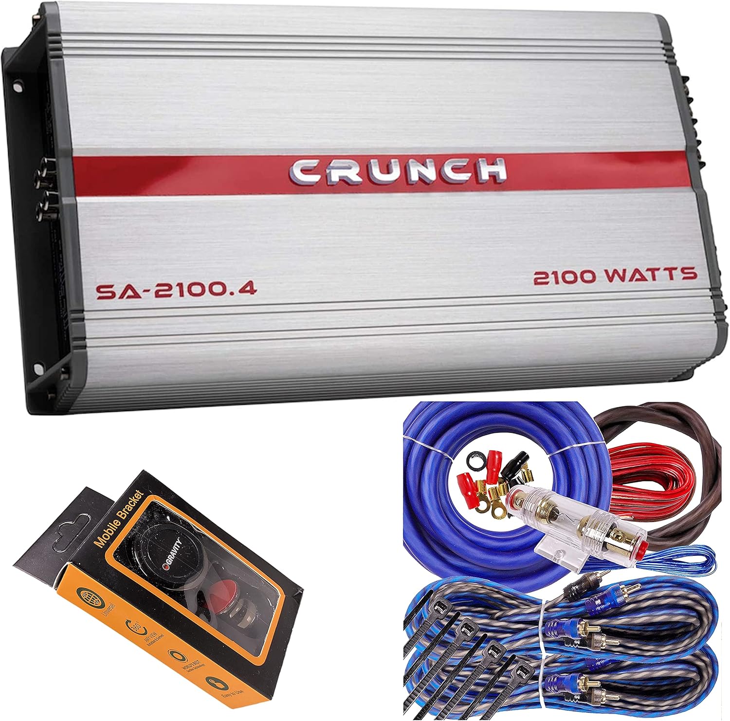 Crunch SA-2100.4 Smash Series 2,100-Watt 4-Channel Class AB Amp Car Audio Sound System Subwoofer Speaker Amp Amplifier with Gravity Magnet Phone Holder and 4 Gauge Kit Blue Bundle