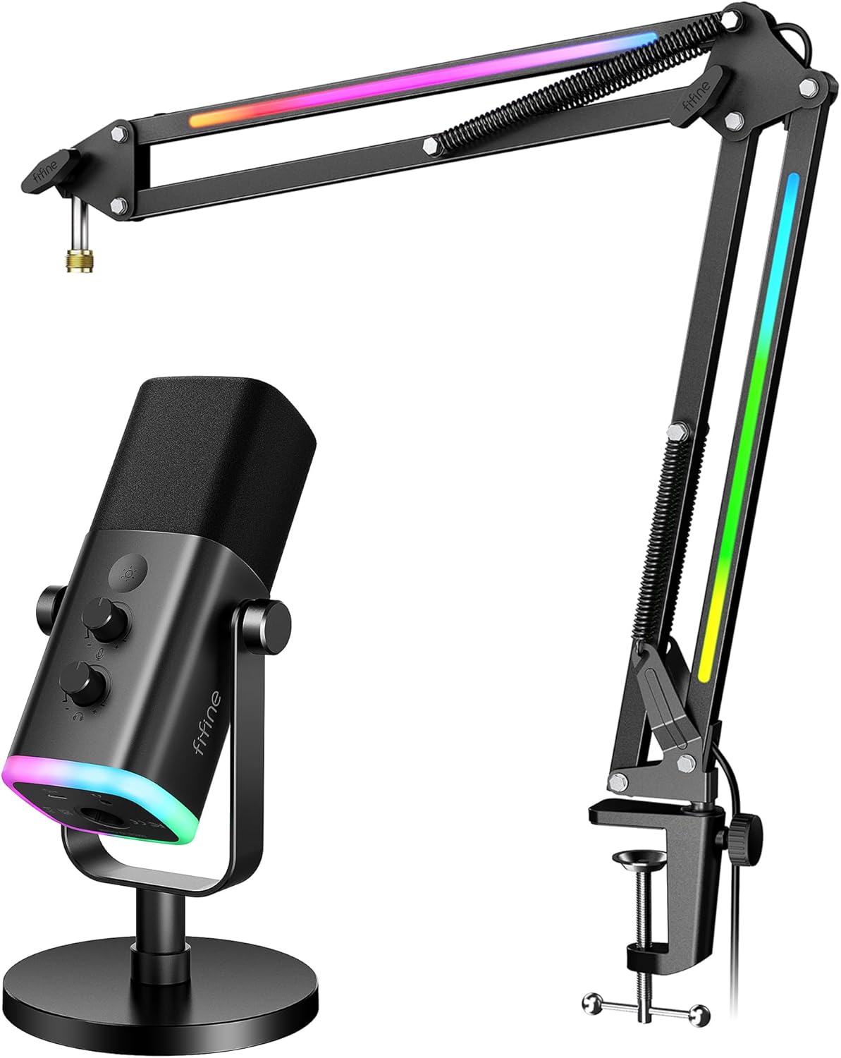 FIFINE XLR/USB Dynamic Microphone kit with Boom Arm Bundle, Gaming Streaming Equipment Set with Volume Control, RGB Lighting Modes, Headphone Monitor, Mute for Recording, Video Creation (AM8+BM38)