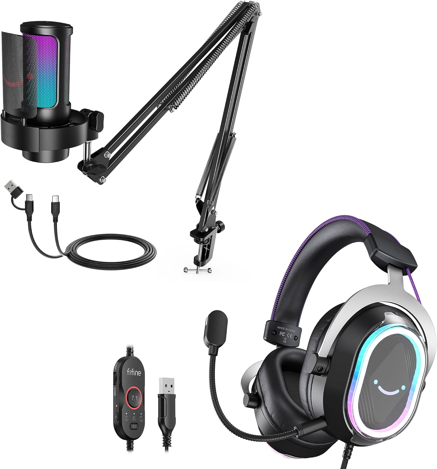 FIFINE Streaming Microphone Set and Gaming Headset, Condenser Mic Kit for PC with Metal Arm Boom, 7.1 Surround Sound Headphone with Control Box for PC, PS5(A8T+H13BP)